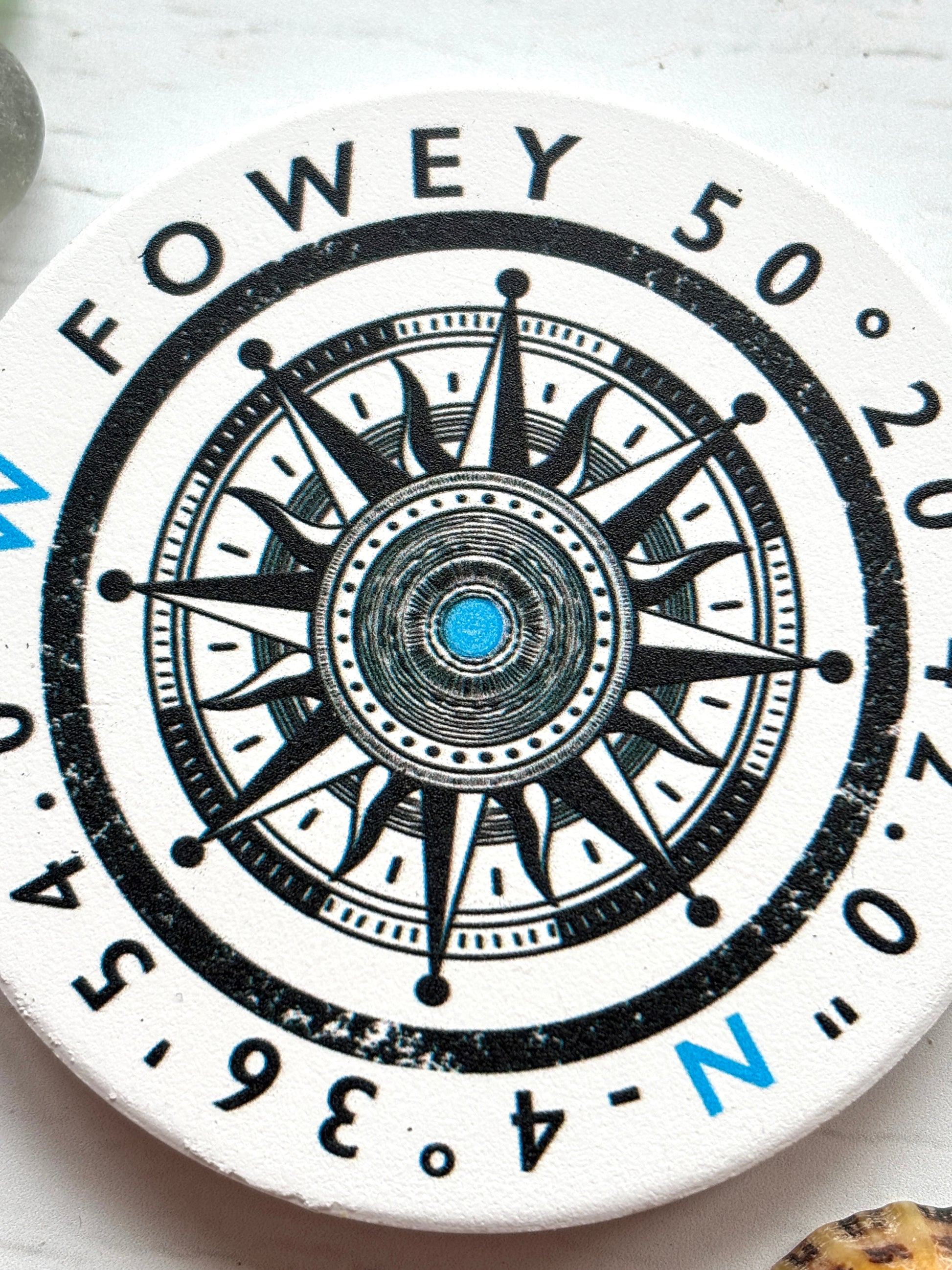 Fowey compass magnet detailed vintage compass rose and coordinates on round ceramic magnet nautical souvenir for fridge decor