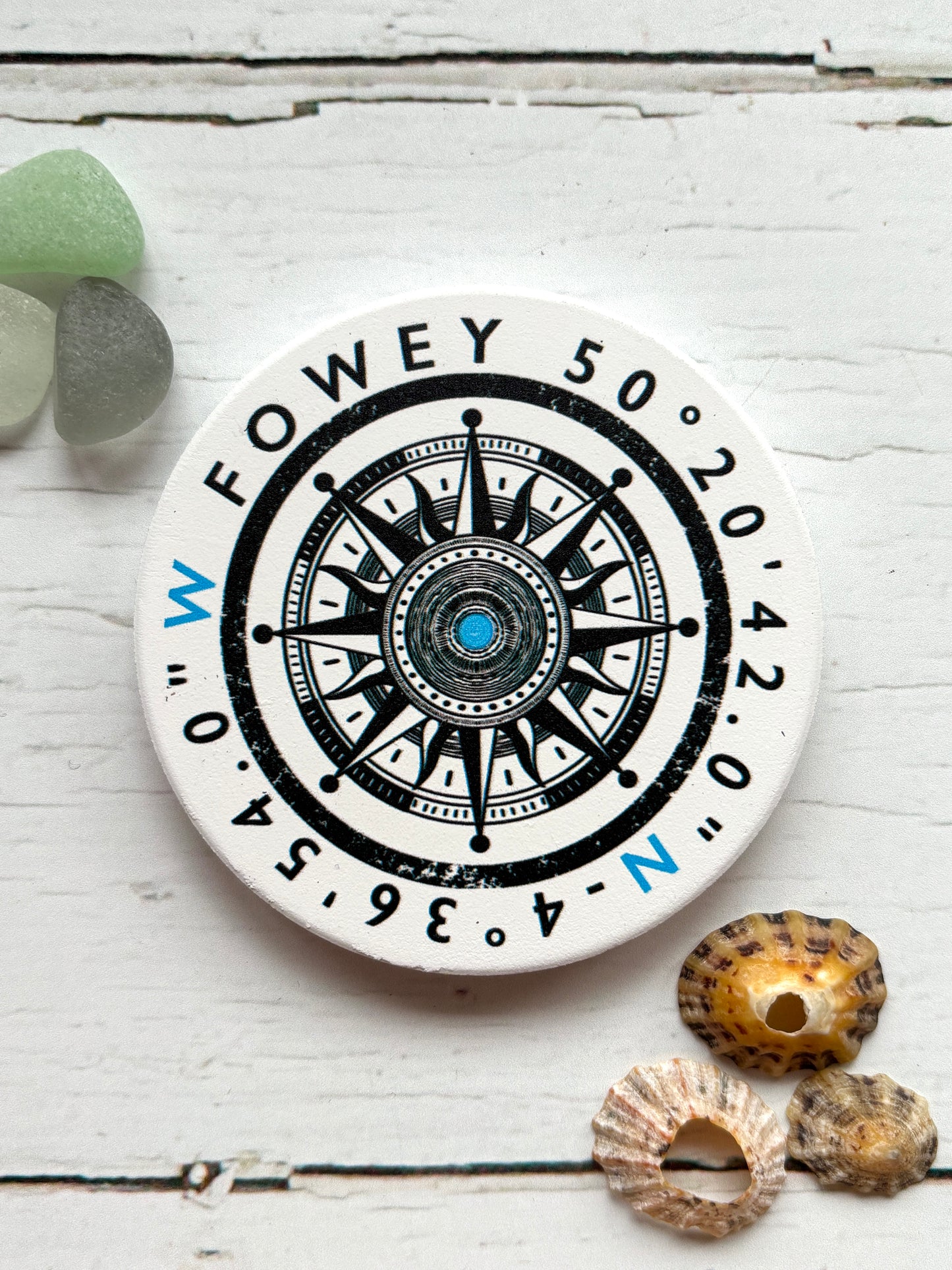 Fowey ceramic magnet round white magnet with vintage compass rose and coordinates nautical souvenir, coastal home decor gift