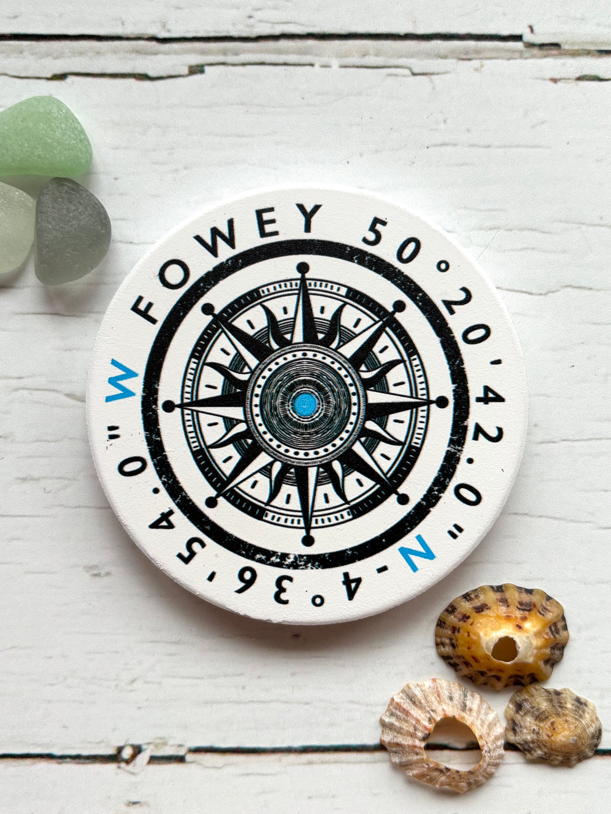 Fowey ceramic magnet round white magnet with vintage compass rose and coordinates nautical souvenir, coastal home decor gift