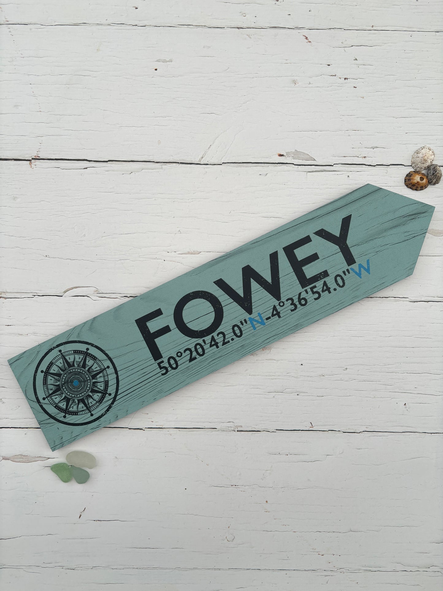 Fowey compass arrow sign calm green distressed wooden plaque with coordinates nautical wall decor, Cornwall souvenir gift
