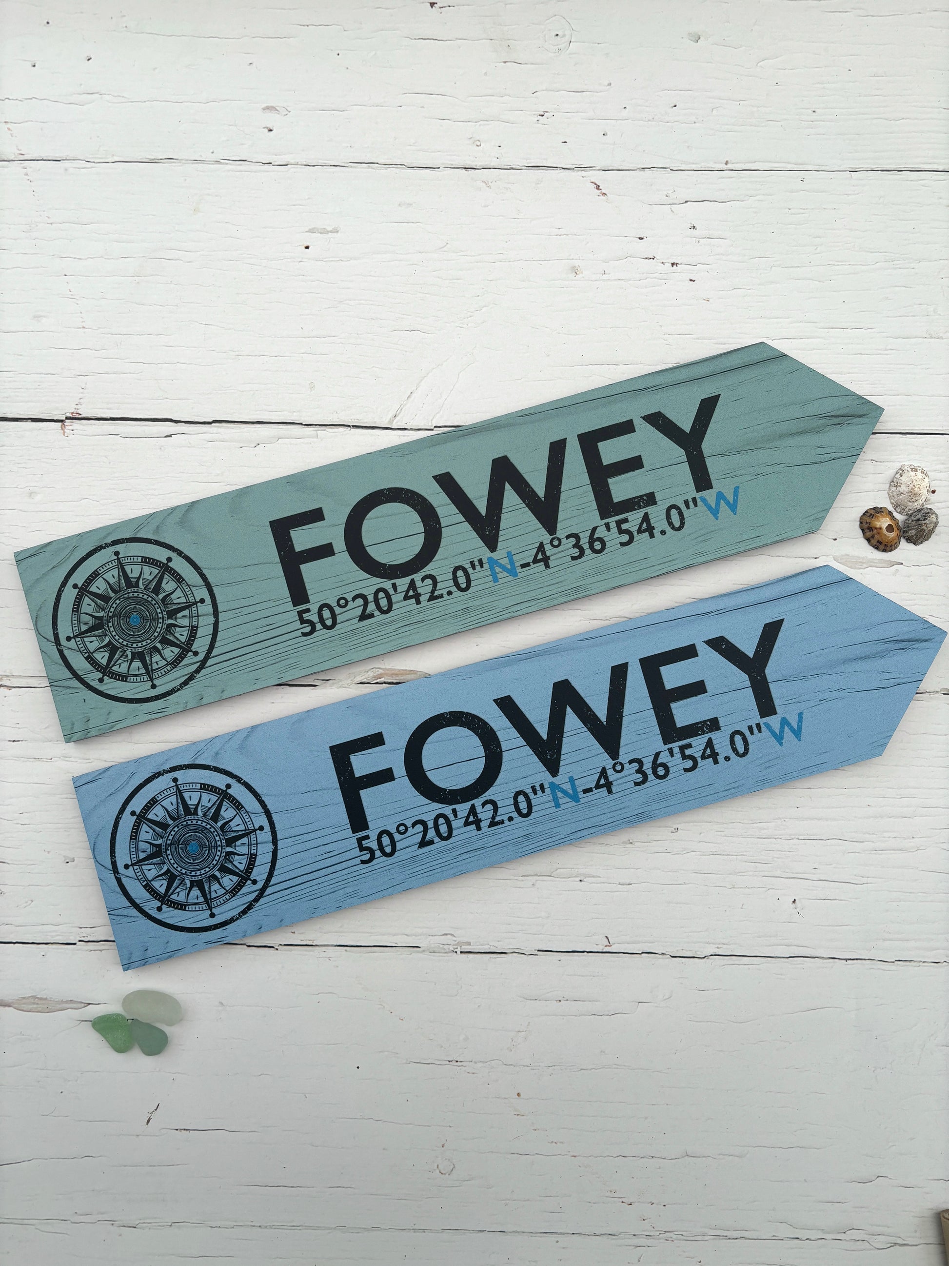 Fowey nautical arrow signs blue/teal distressed wooden plaques coastal home decor with compass & coordinates travel souvenir