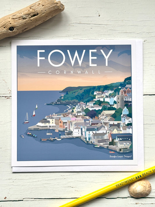 Fowey Cornwall art print showing coastal town, boats, and sunset, seaside illustration postcard by Jennifer Cooper Designs