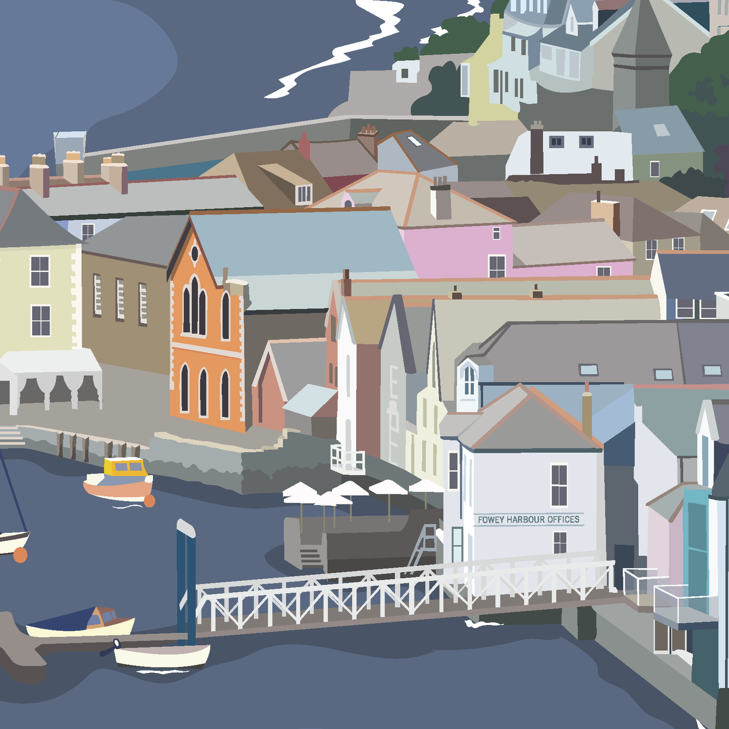 Colorful illustration of Fowey harbour with boats, seaside houses, and “Fowey Harbour Offices,” coastal Cornwall art print