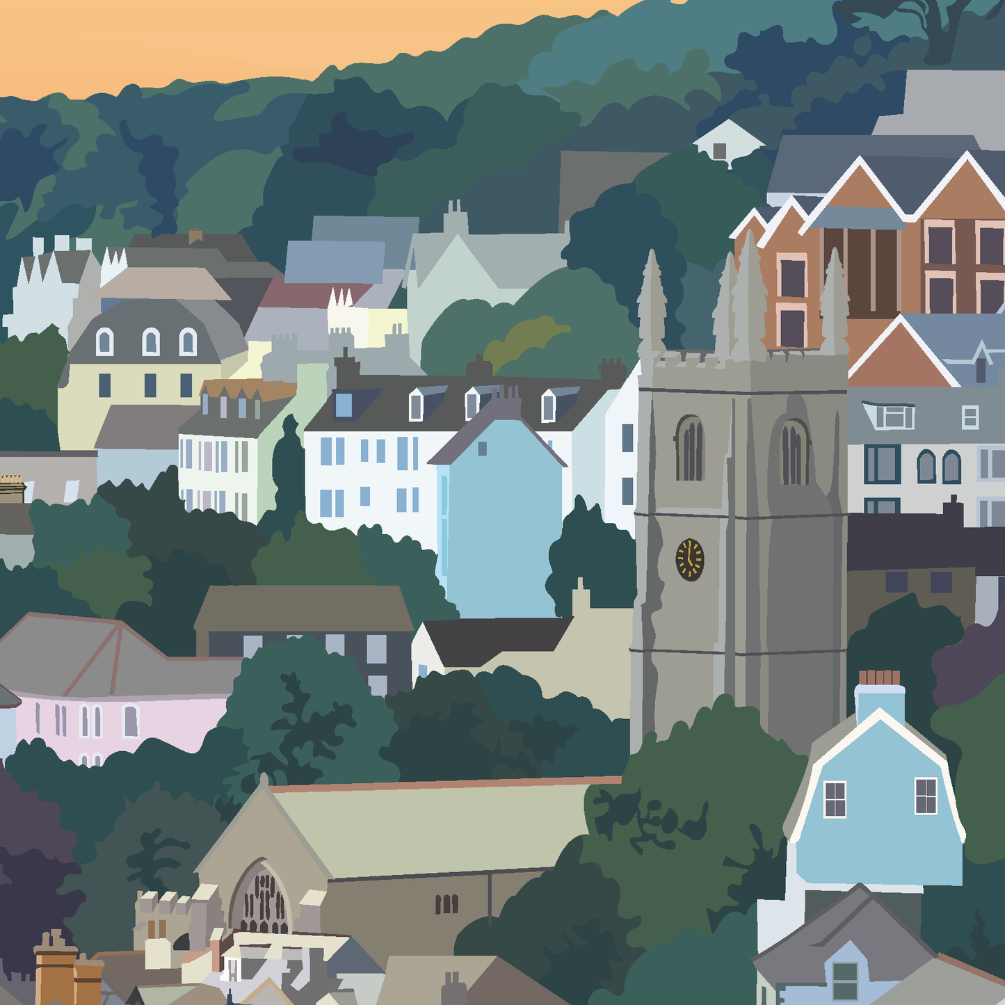 Illustrated view of Fowey Cornwall with church tower, colorful houses, and trees, scenic coastal town wall art print