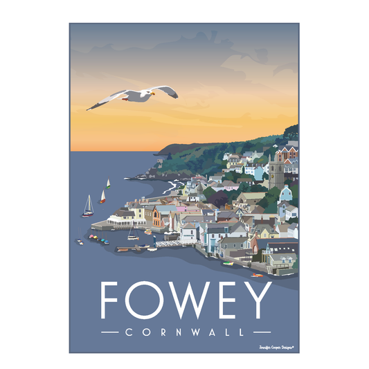 Fowey Cornwall coastal art print with seagull, sailboats, and sunset over harbor town, scenic Cornish wall decor