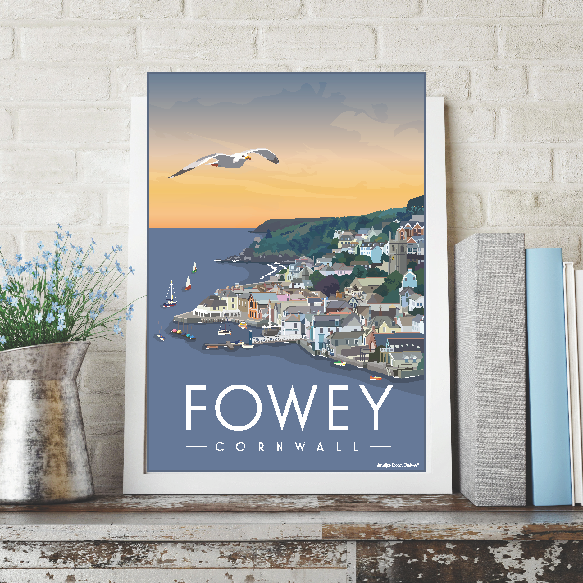 Fowey Cornwall art print featuring coastal town, sailboats, and seagull at sunset, modern seaside wall decor