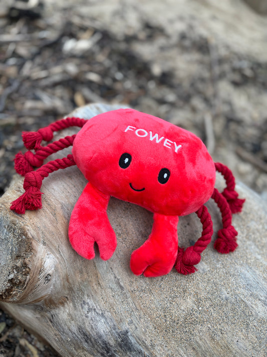 Fowey crab dog toy red plush soft dog toy with braided rope legs on driftwood beach souvenir pet chew toy for Cornwall lovers