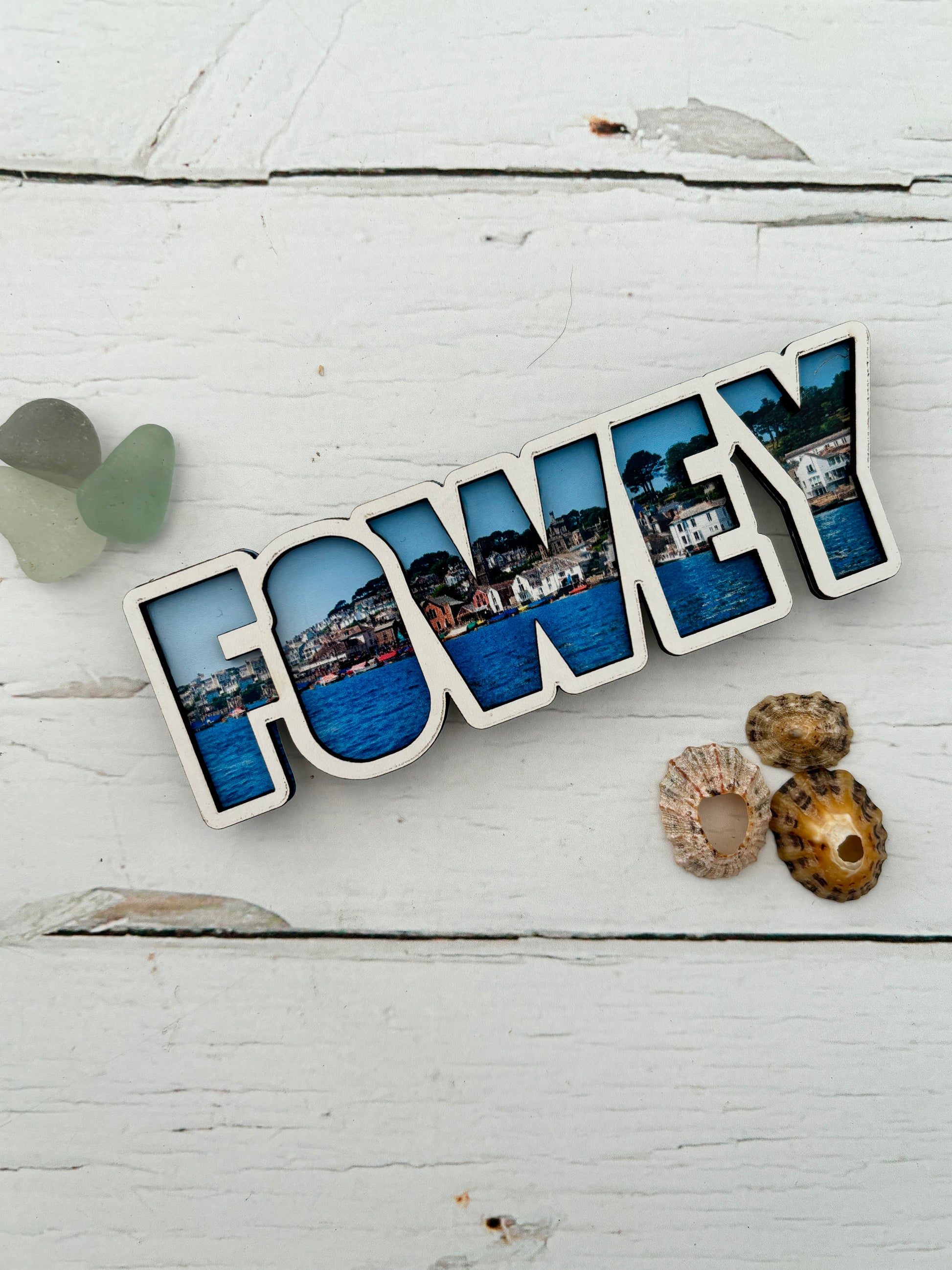 Fowey photo magnet laser-cut wooden magnet with Fowey harbor/townscape photo infill Coastal landmark souvenir, refrigerator magnet