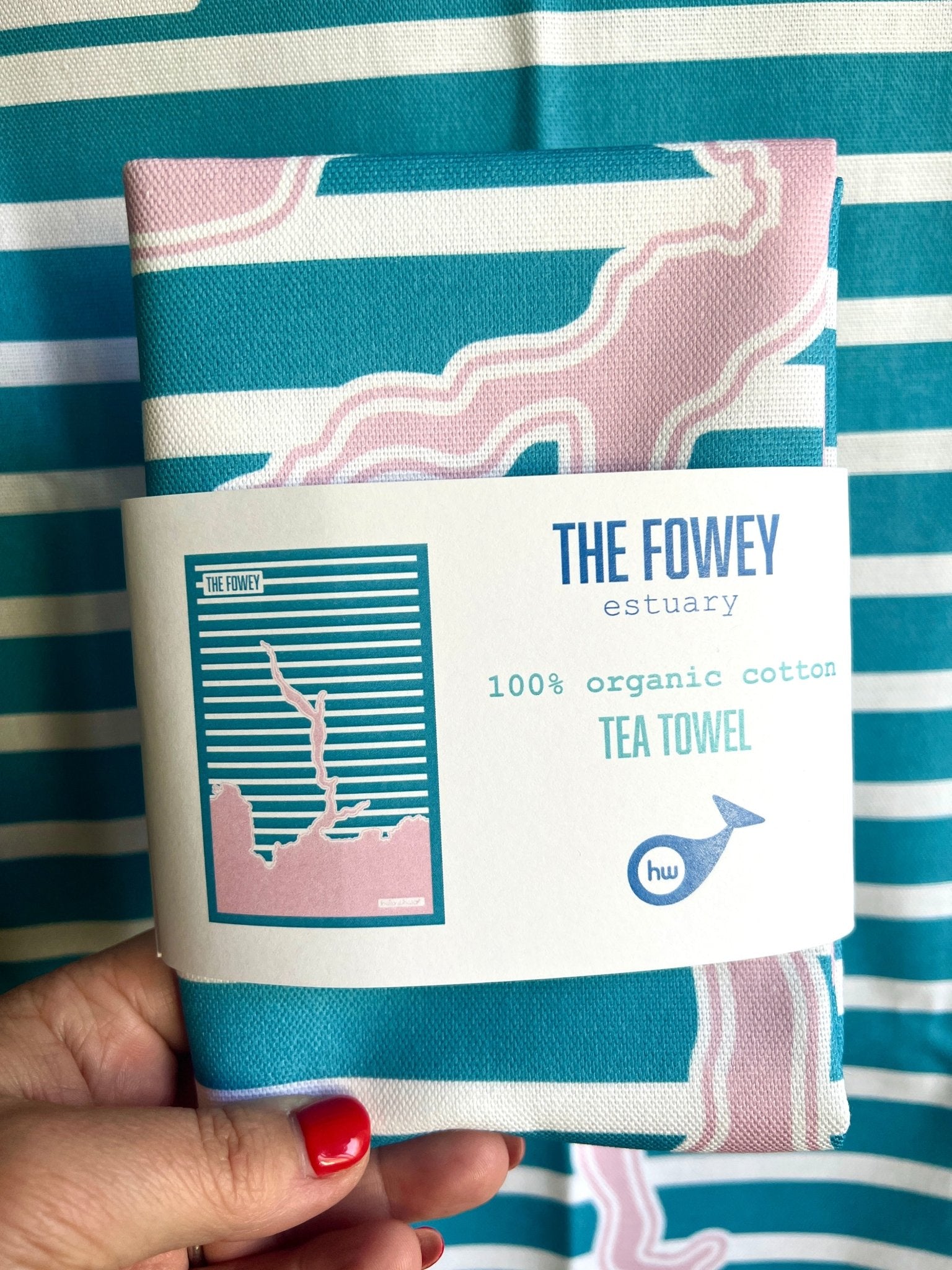 Fowey estuary tea towel 100% organic cotton kitchen linen, folded and packaged blue/pink striped map design, ideal coastal souvenir gift