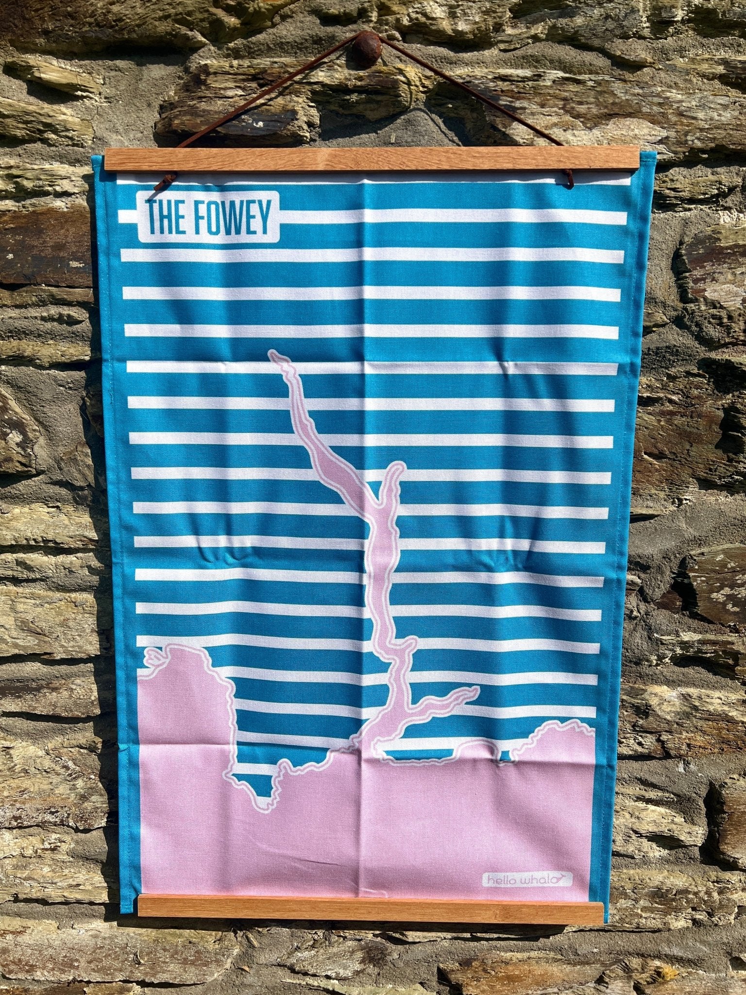 Fowey estuary tea towel blue/white nautical striped cotton towel with pink map outline print Cornwall kitchen linen, coastal souvenir gift