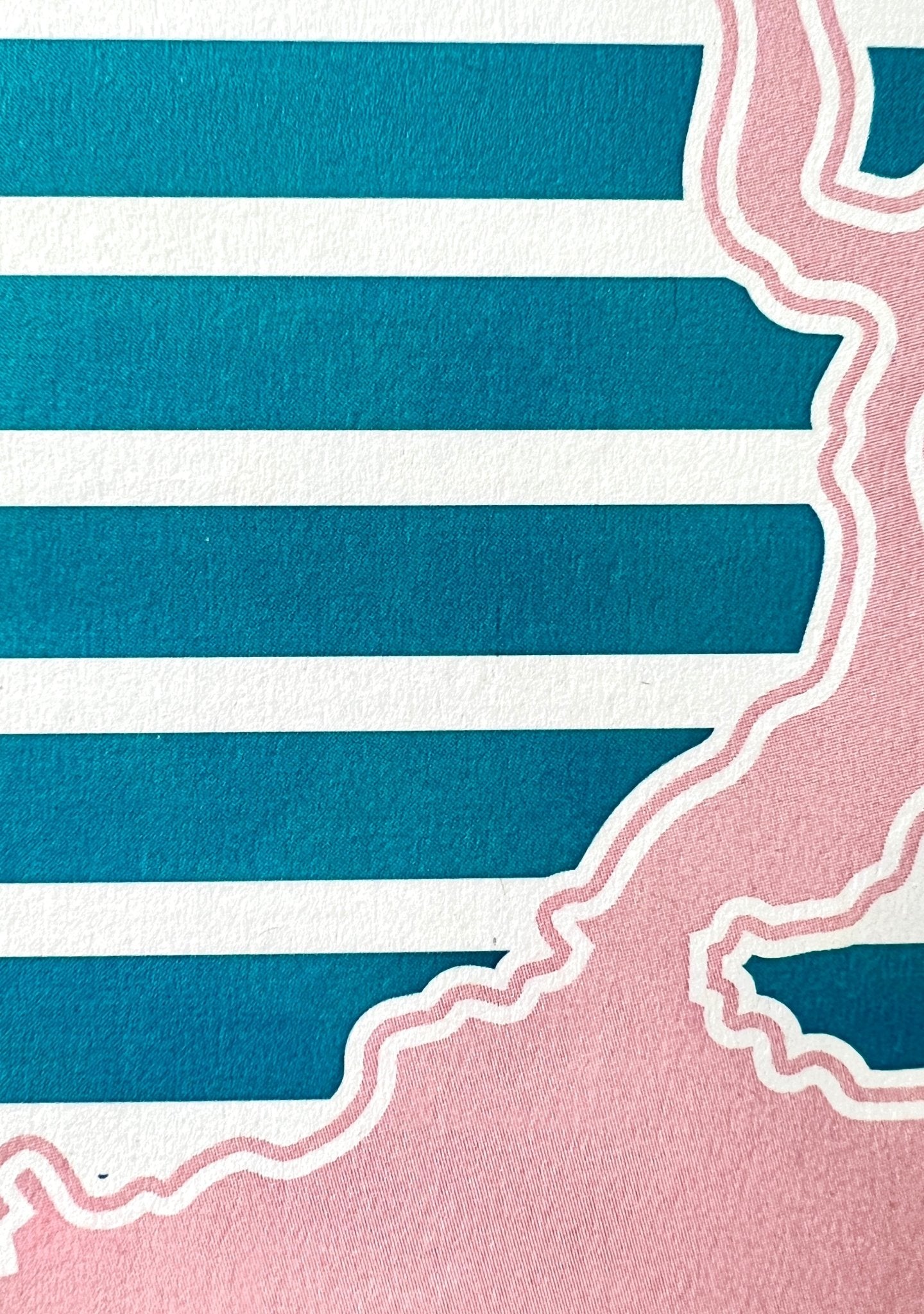 Fowey Print A4 art detail showing the pink river map silhouette against the blue and white nautical stripe background coastal decor paper texture