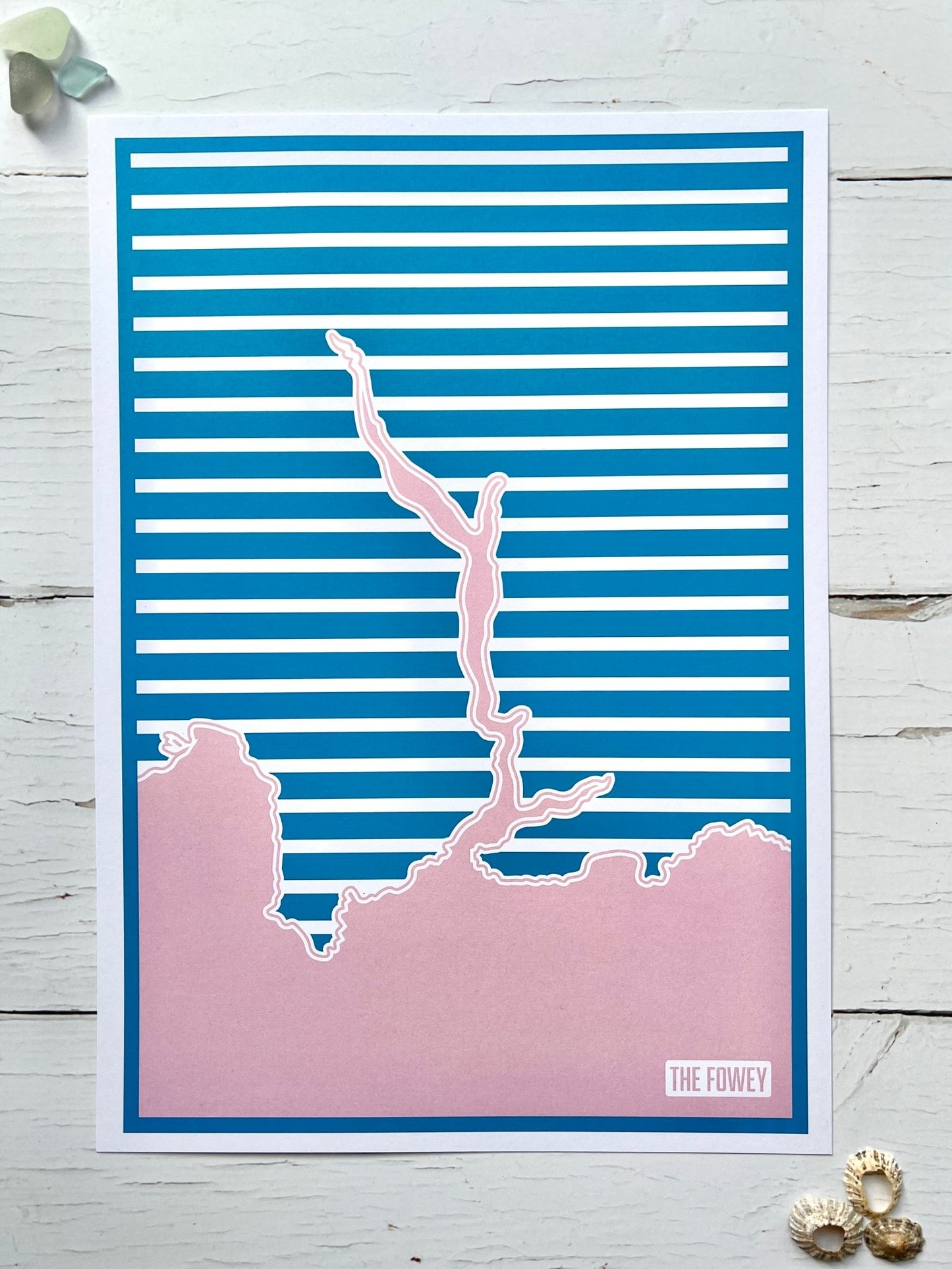 Fowey estuary river print a4 size unframed print with blue striped background and pink river map silhouette coastal wall art, Cornwall souvenir