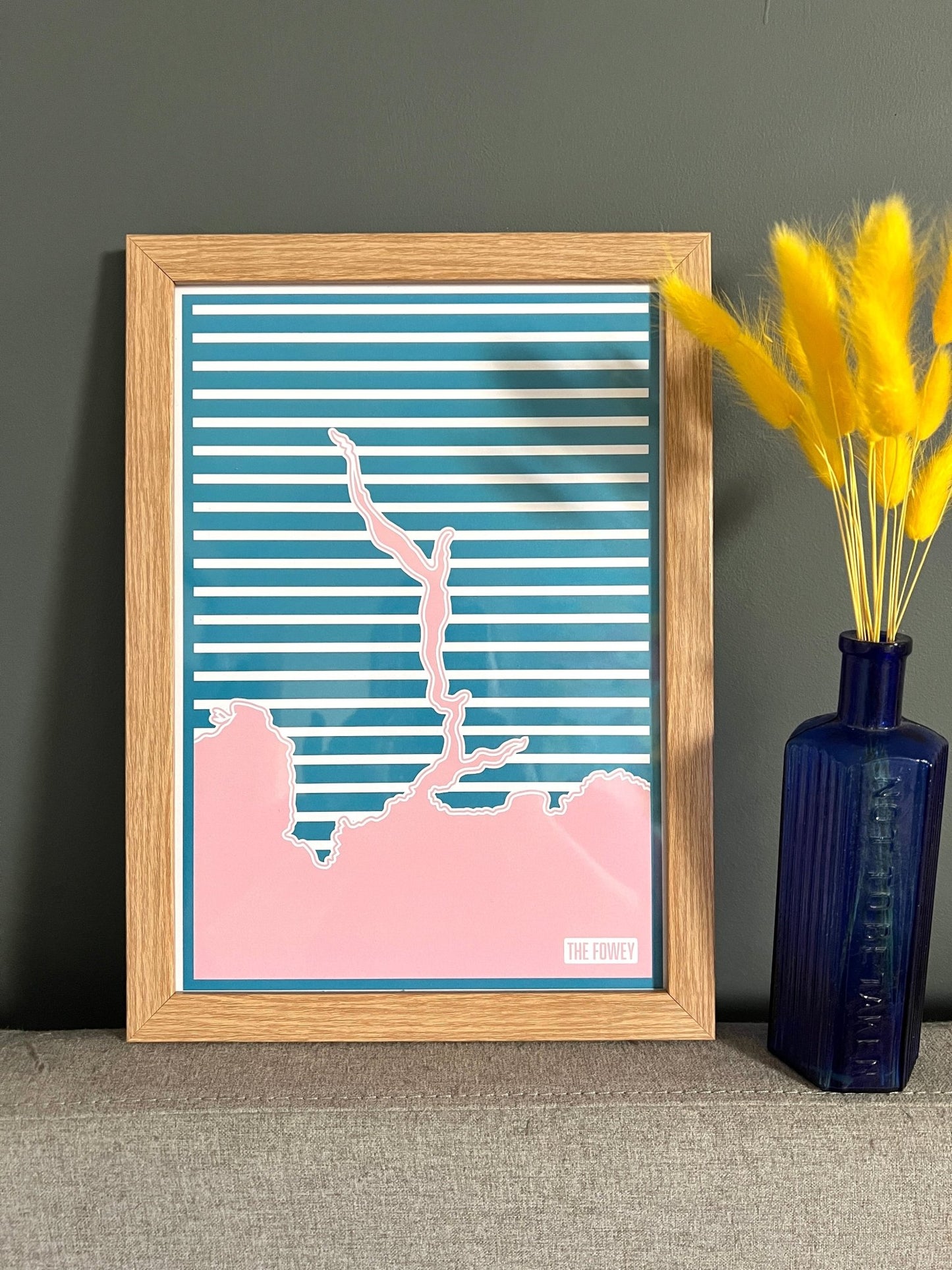Fowey estuary a4 print framed art print of the river map, blue striped and pink silhouette modern coastal wall art, Cornwall souvenir