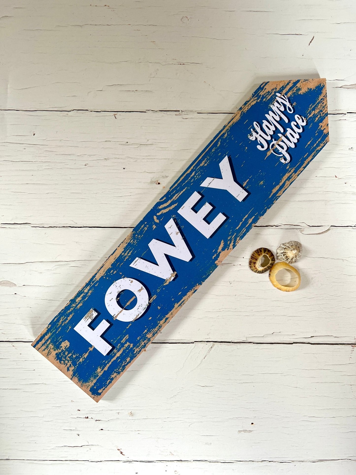 blue Fowey arrow sign with “Happy Place” text, nautical-themed UK decor for coastal lovers