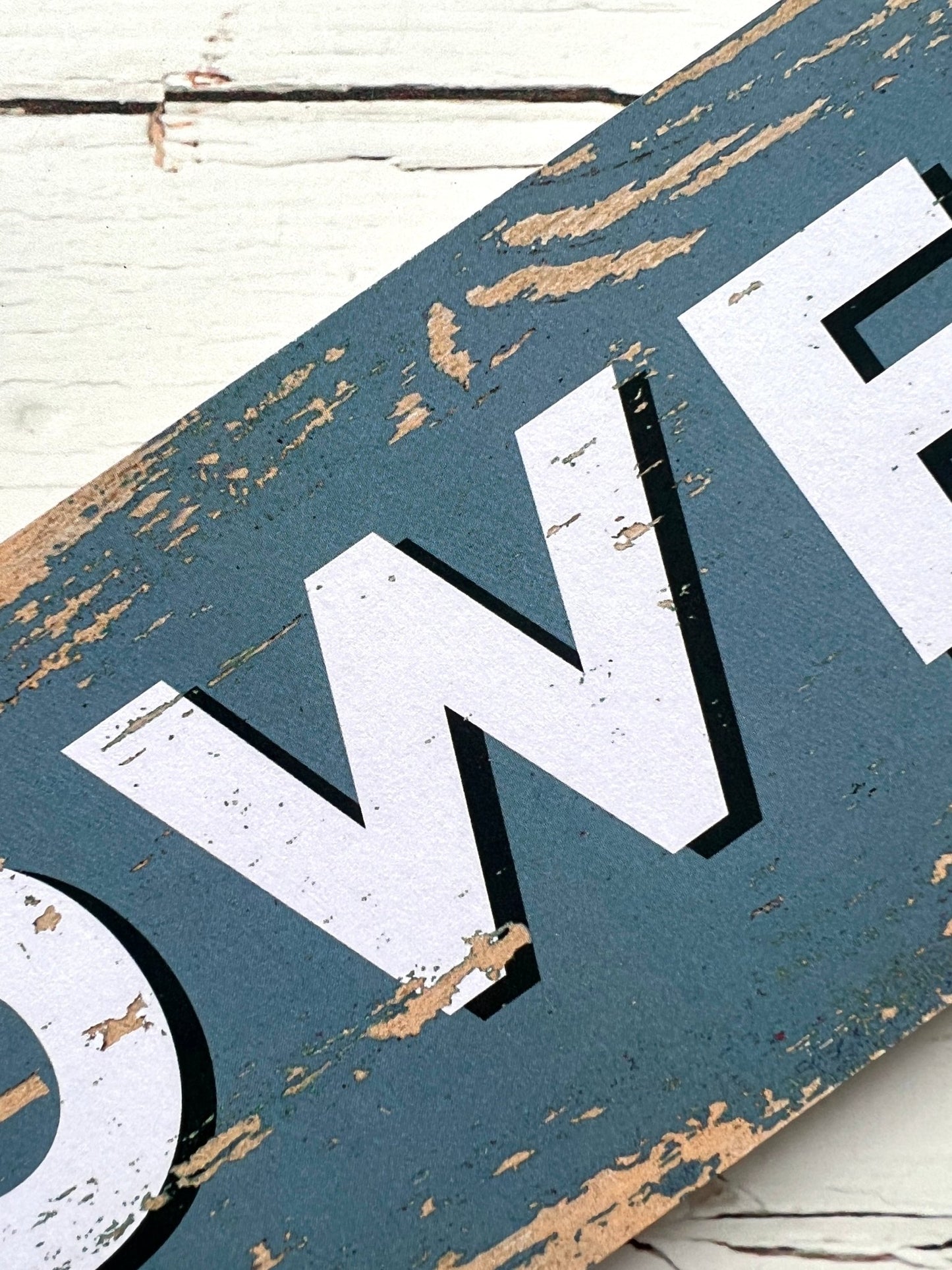 turquoise Fowey arrow sign with distressed finish, “Happy Place” script, coastal UK decor for beach lovers