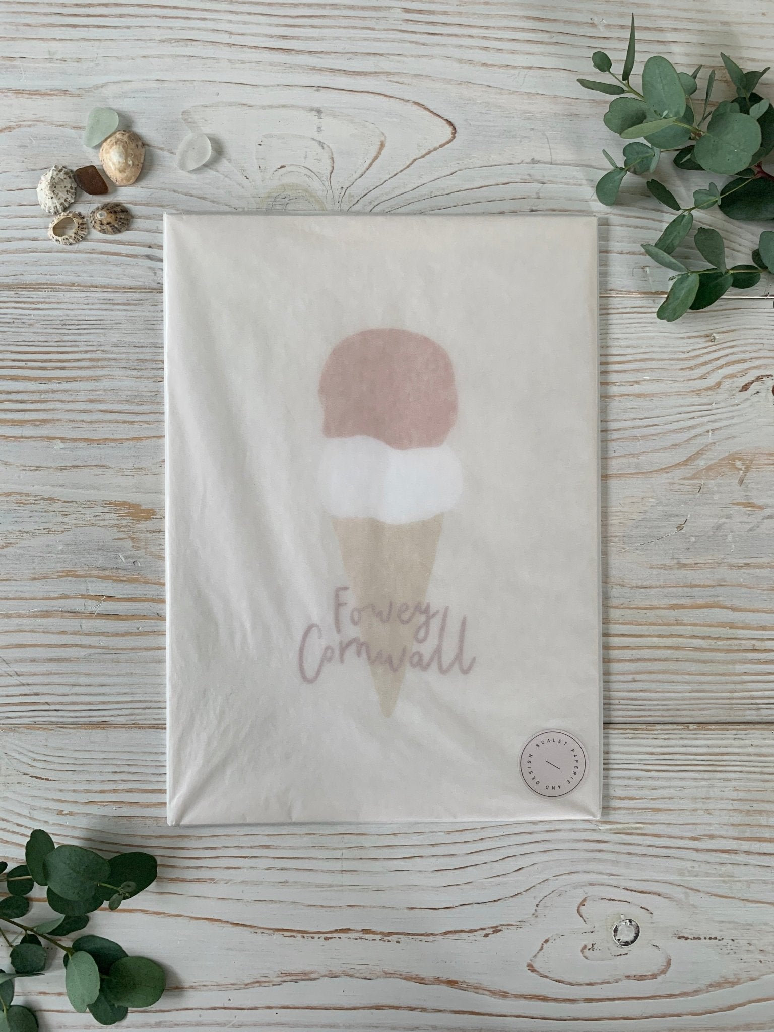 Fowey ice cream art print minimalist cone graphic in neutral tones, packaged in vellum coastal Cornwall souvenir wall art gift idea