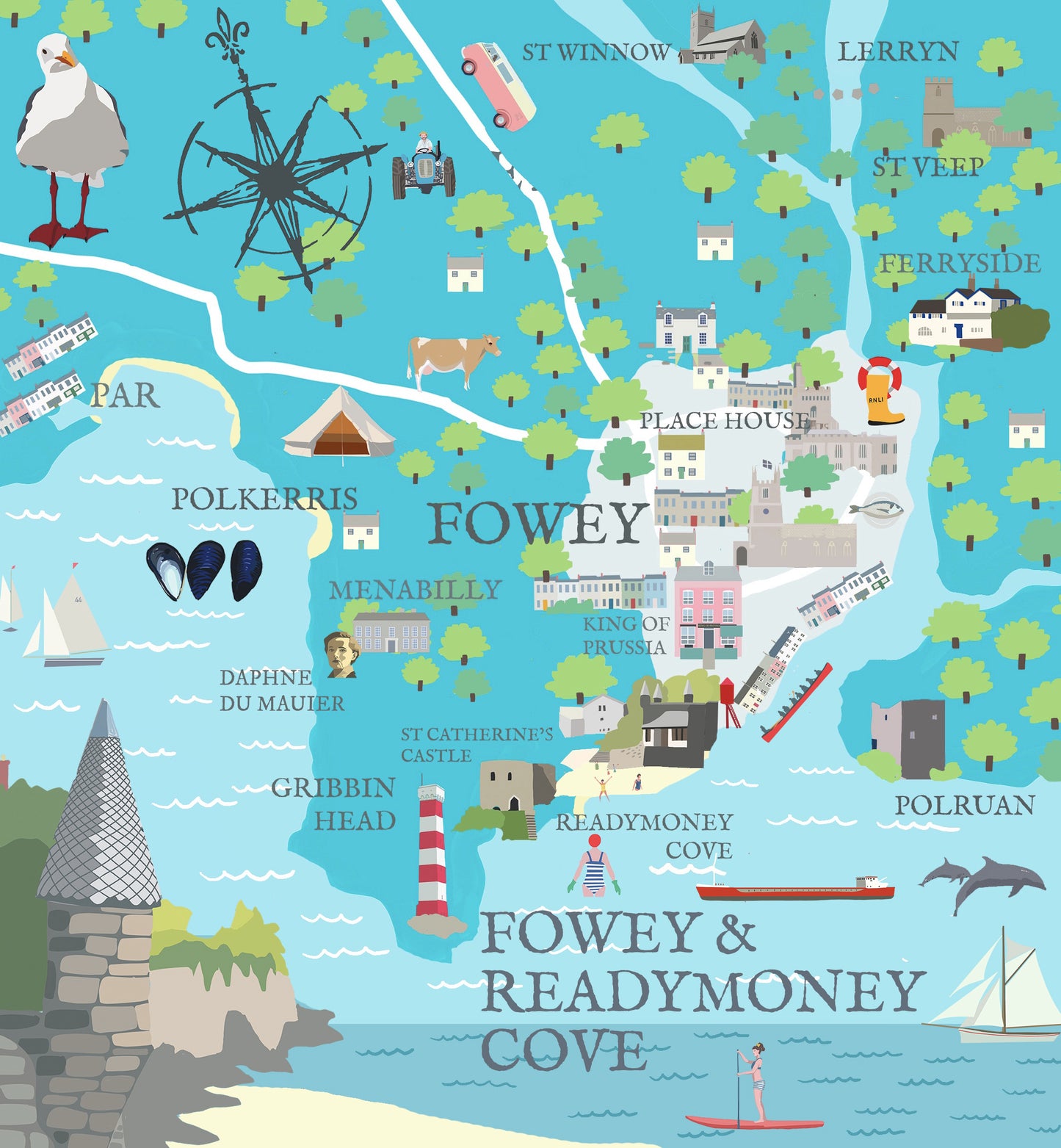 closeup shot of Fowey map mug highly detailed, illustrated map featuring Fowey landmarks Gribbin Head, Polruan colorful ceramic souvenir coffee cup