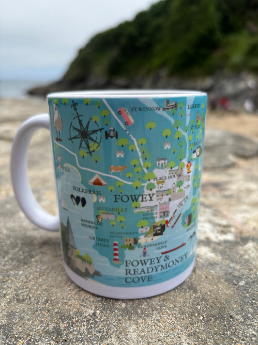 Fowey illustrated map mug ceramic coffee cup with a colorful, hand-drawn map of the Fowey area on a coastal backdrop souvenir gift