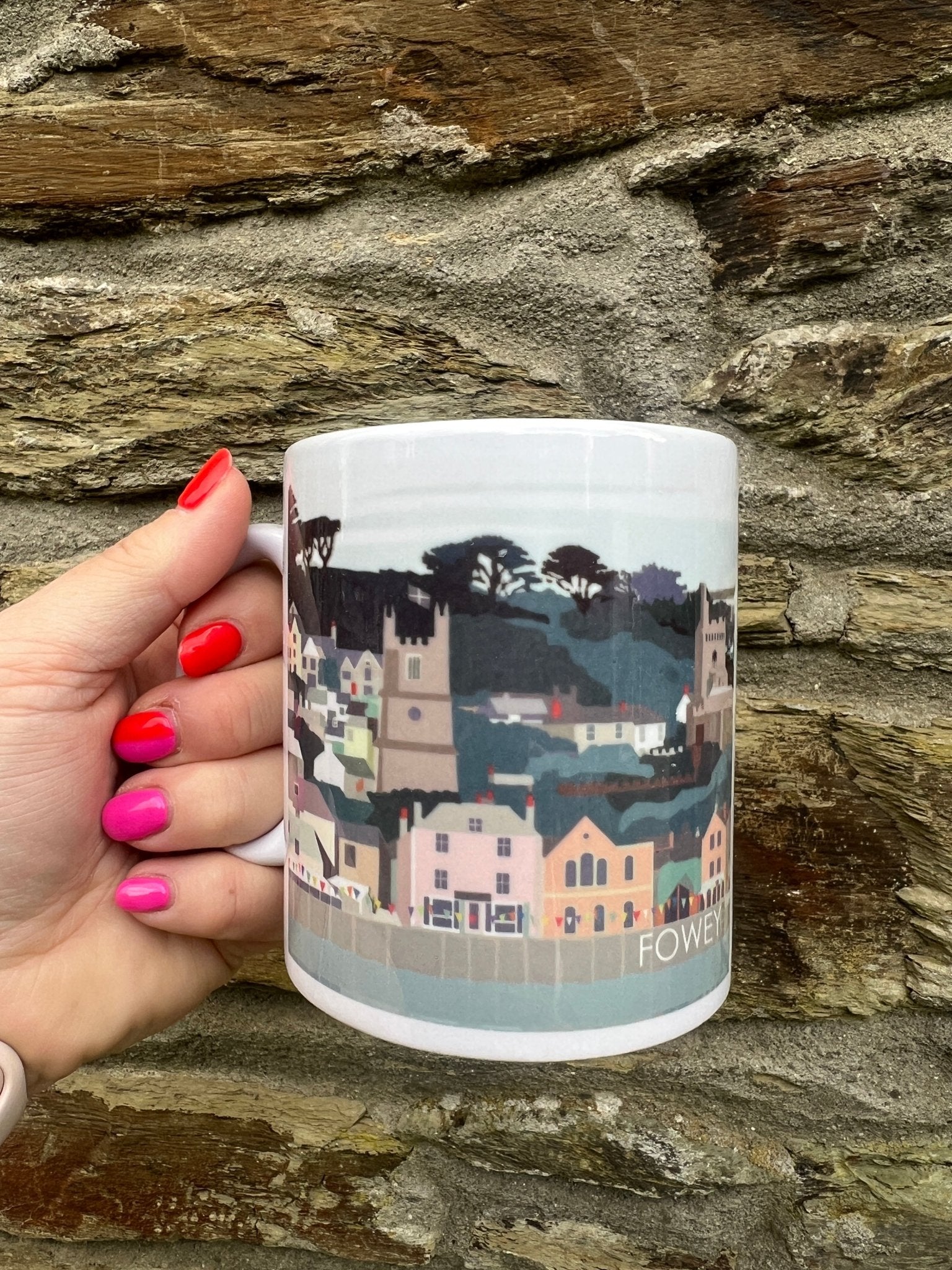 Fowey illustrated mug ceramic coffee cup with colorful, detailed townscape art Cornwall souvenir, local artist design, kitchenware gift