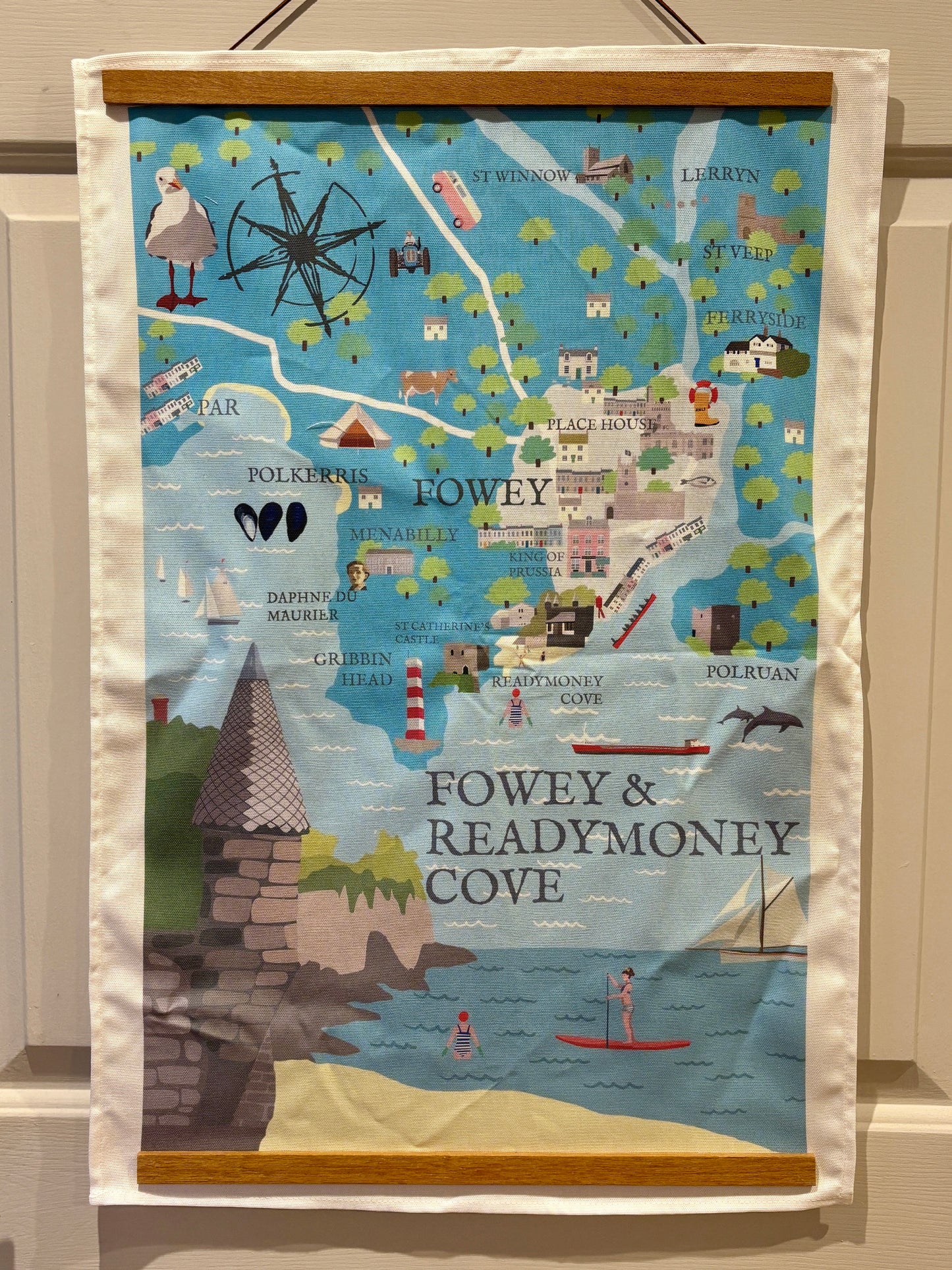 Fowey landmarks map tea towel illustrated kitchen linen with key attractions Gribbin Head, Polruan Cornwall souvenir, coastal home textile