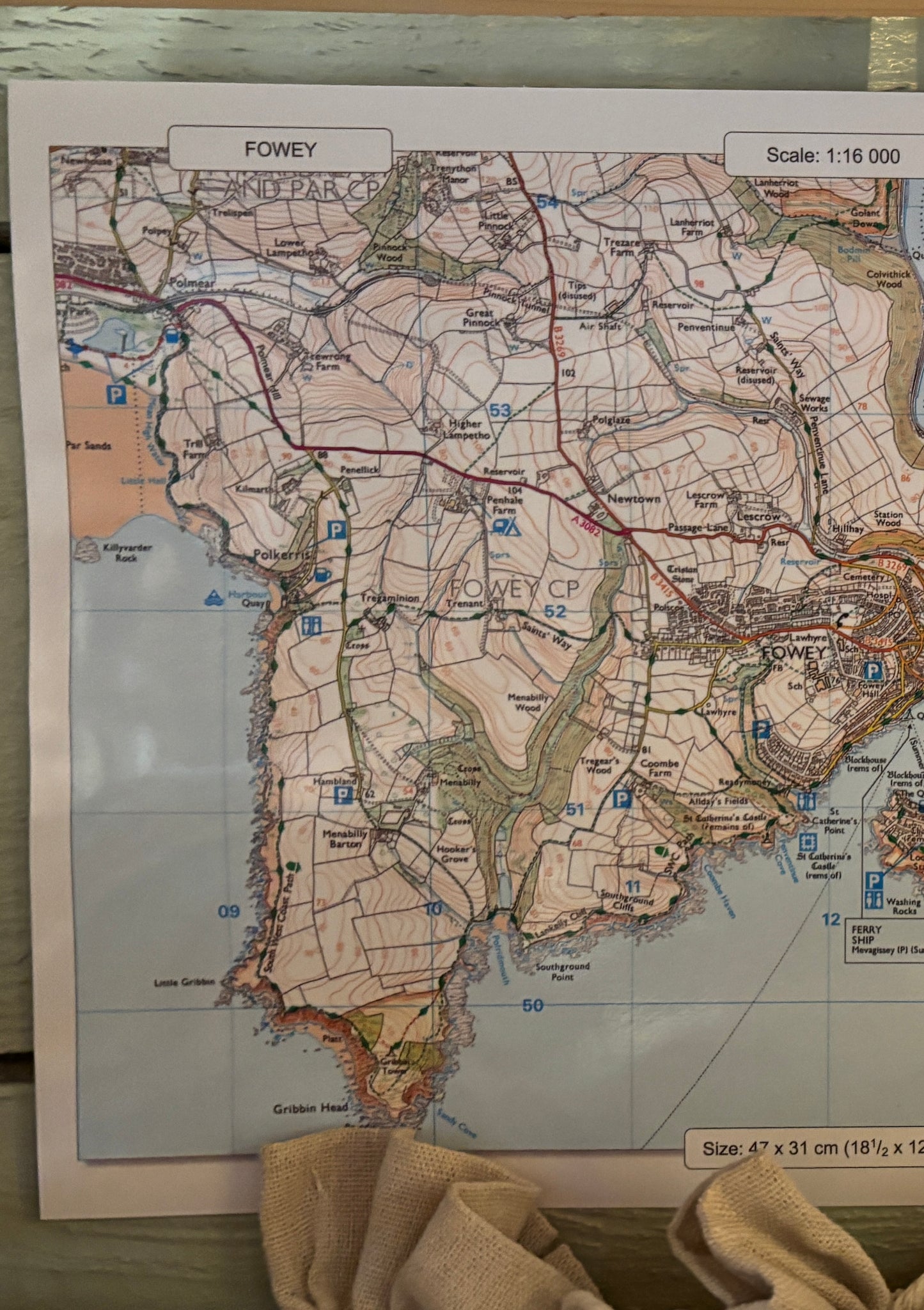 Fowey jigsaw map ordnance survey map print section focused on the Polkerris and Gribbin Head coastal area Cornwall souvenir travel map