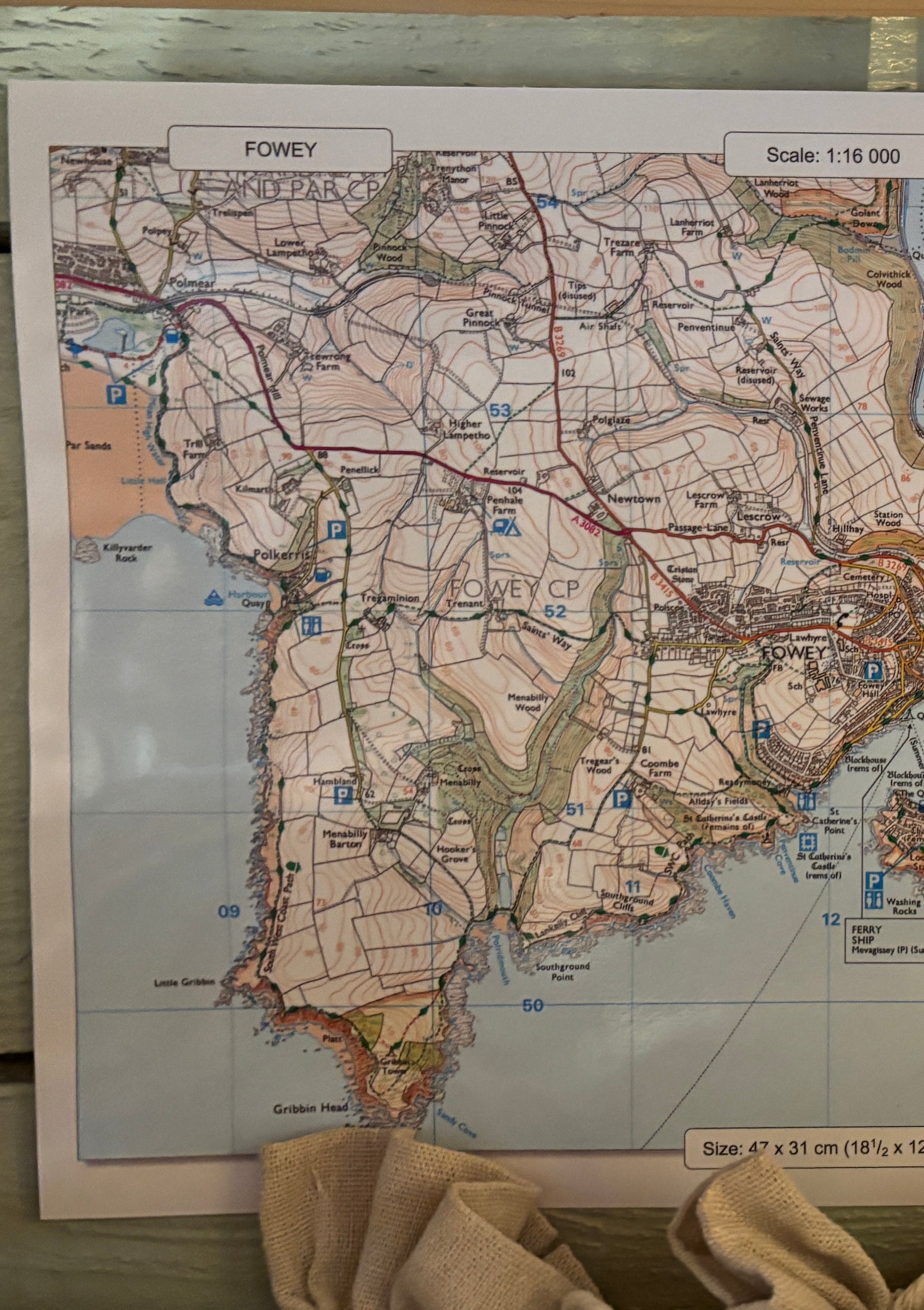 Fowey jigsaw map ordnance survey map print section focused on the Polkerris and Gribbin Head coastal area Cornwall souvenir travel map