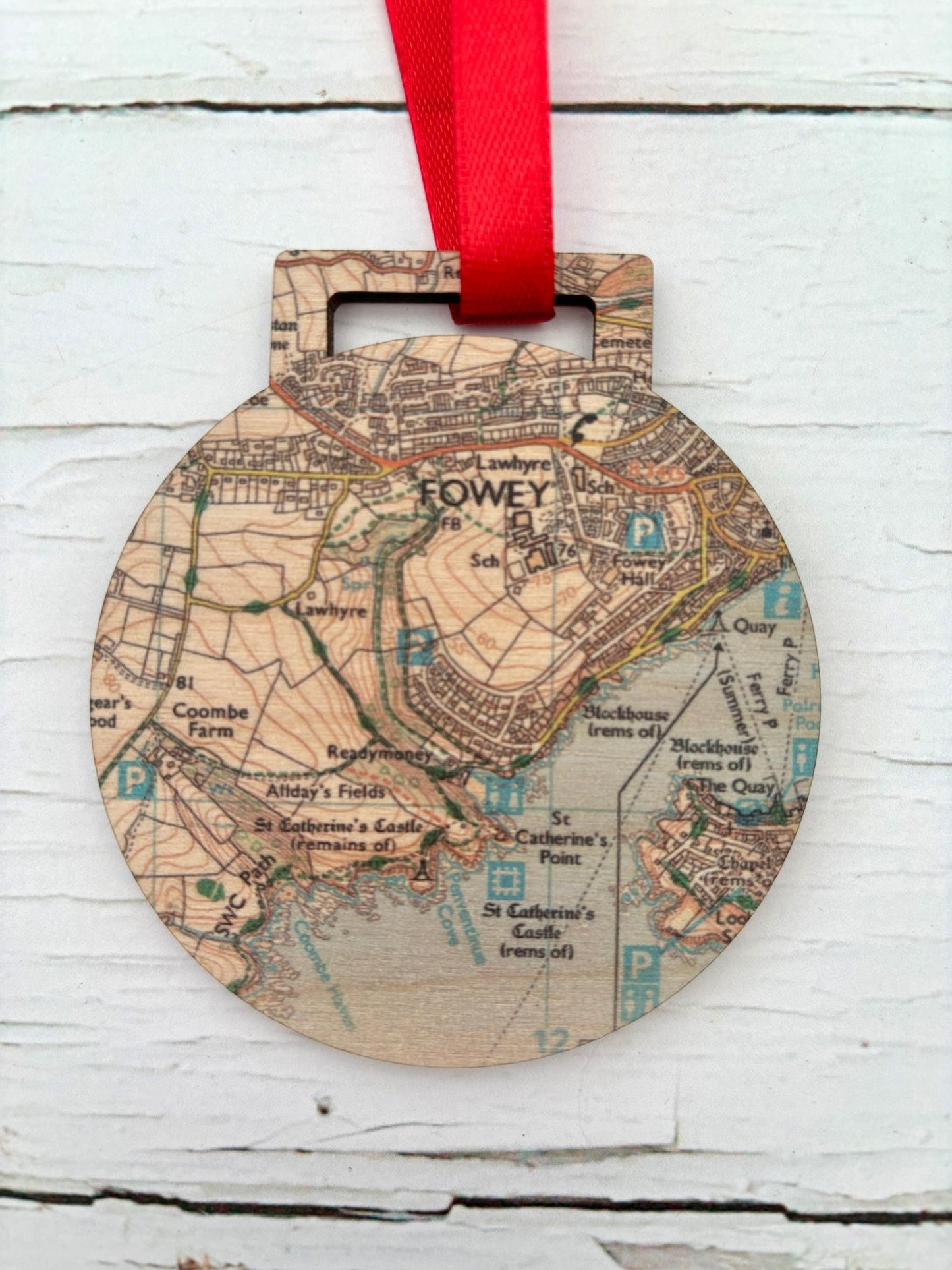 Fowey map ornament laser-cut wooden decoration detail showing the Fowey/Polruan OS map print area Cornwall Christmas souvenir gift