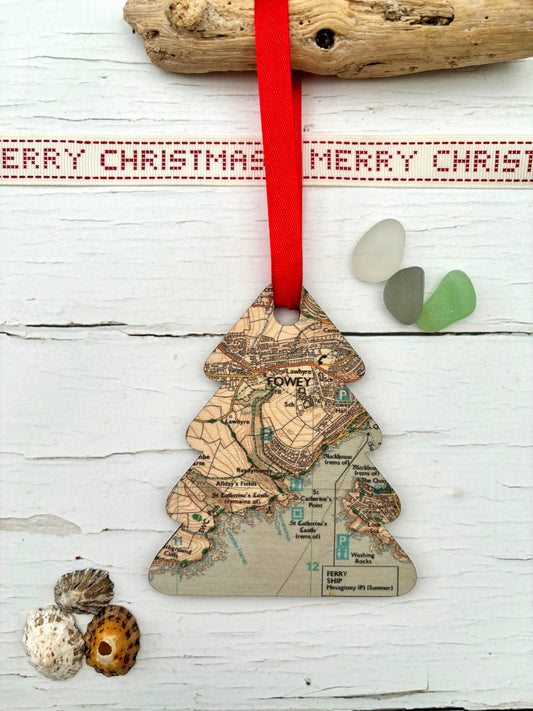 Fowey Map Wooden Christmas Tree Decoration - Readymoney Beach Shop