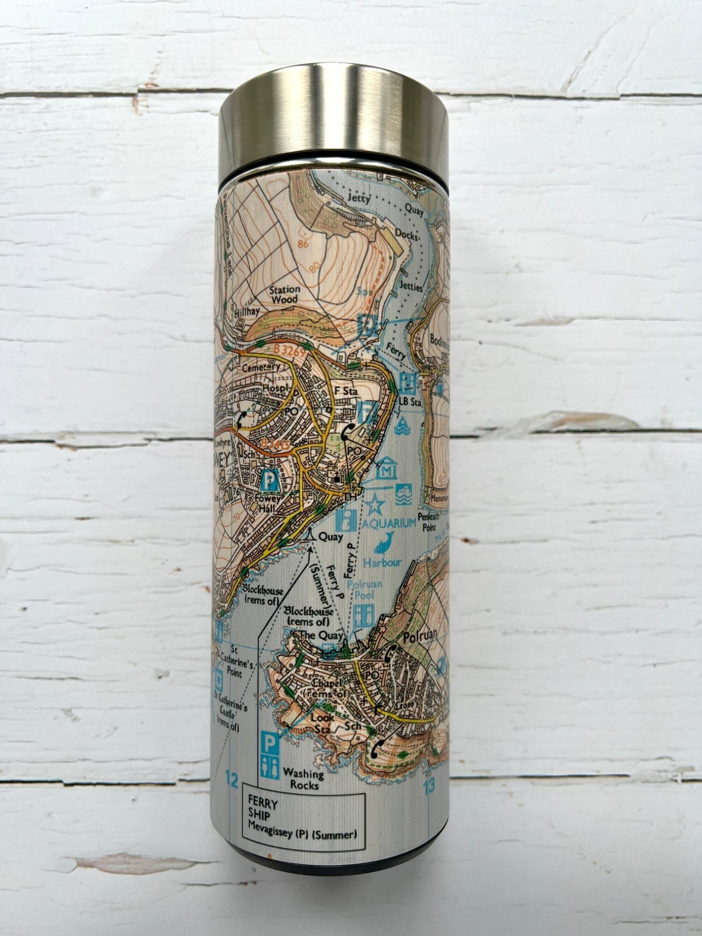 Fowey Map Wooden Stainless Steel Water Bottle Flask - Readymoney Beach Shop