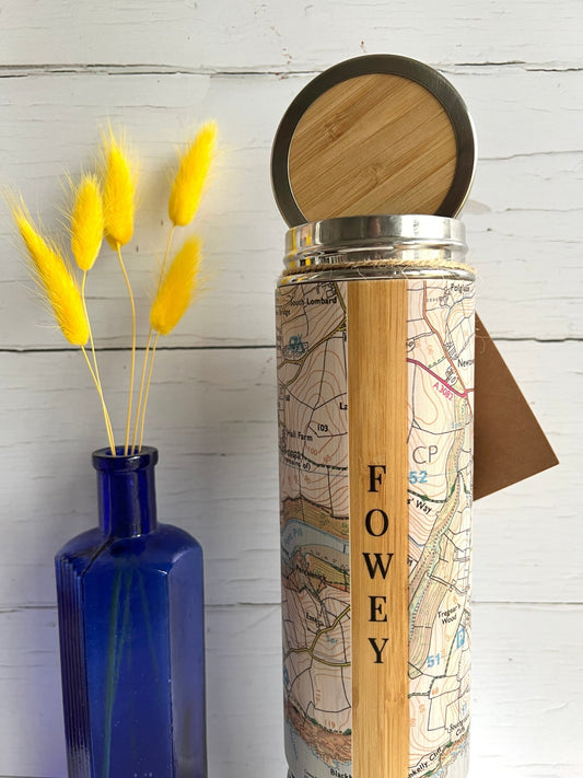 Fowey Map Wooden Stainless Steel Water Bottle Flask - Readymoney Beach Shop