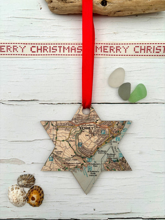 Fowey Map Wooden Star Christmas Tree Decoration - Readymoney Beach Shop