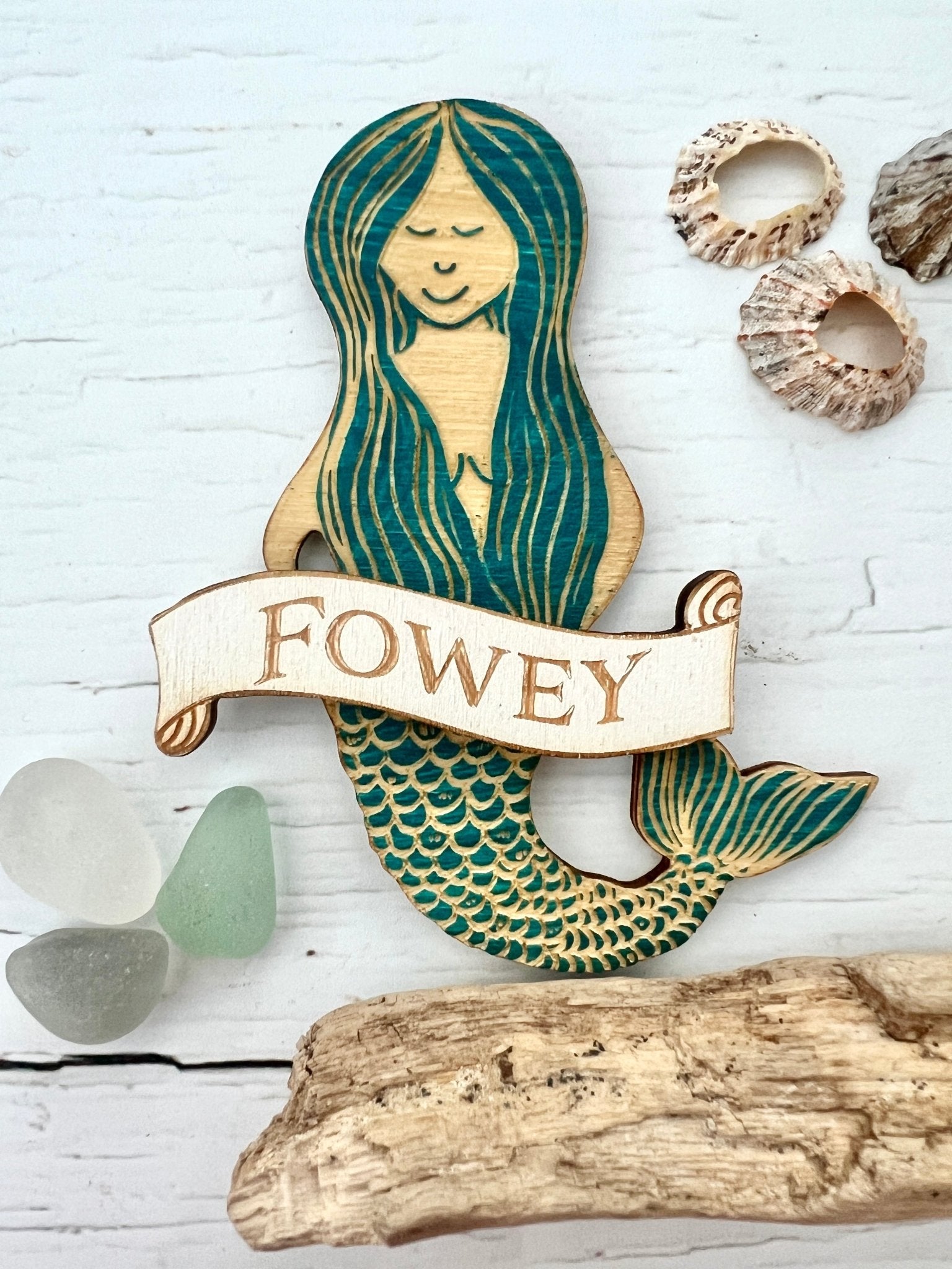 Fowey mermaid magnet laser-cut wooden magnet with a teal/wood grain mermaid holding a Fowey banner coastal decor, Cornwall souvenir