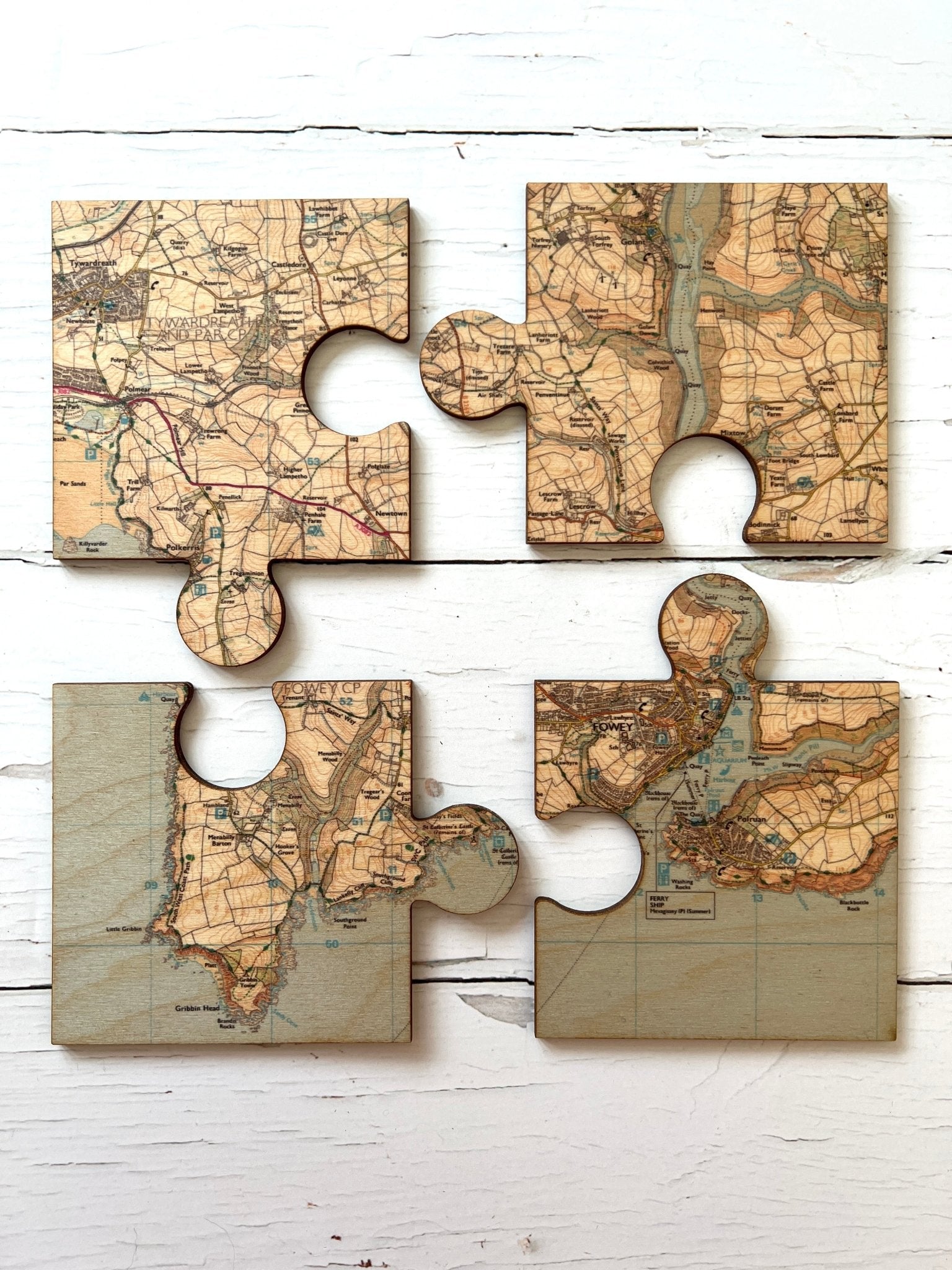 Fowey map coasters set of four wooden jigsaw coasters forming a map of the Fowey area UK-made coastal home decor gift