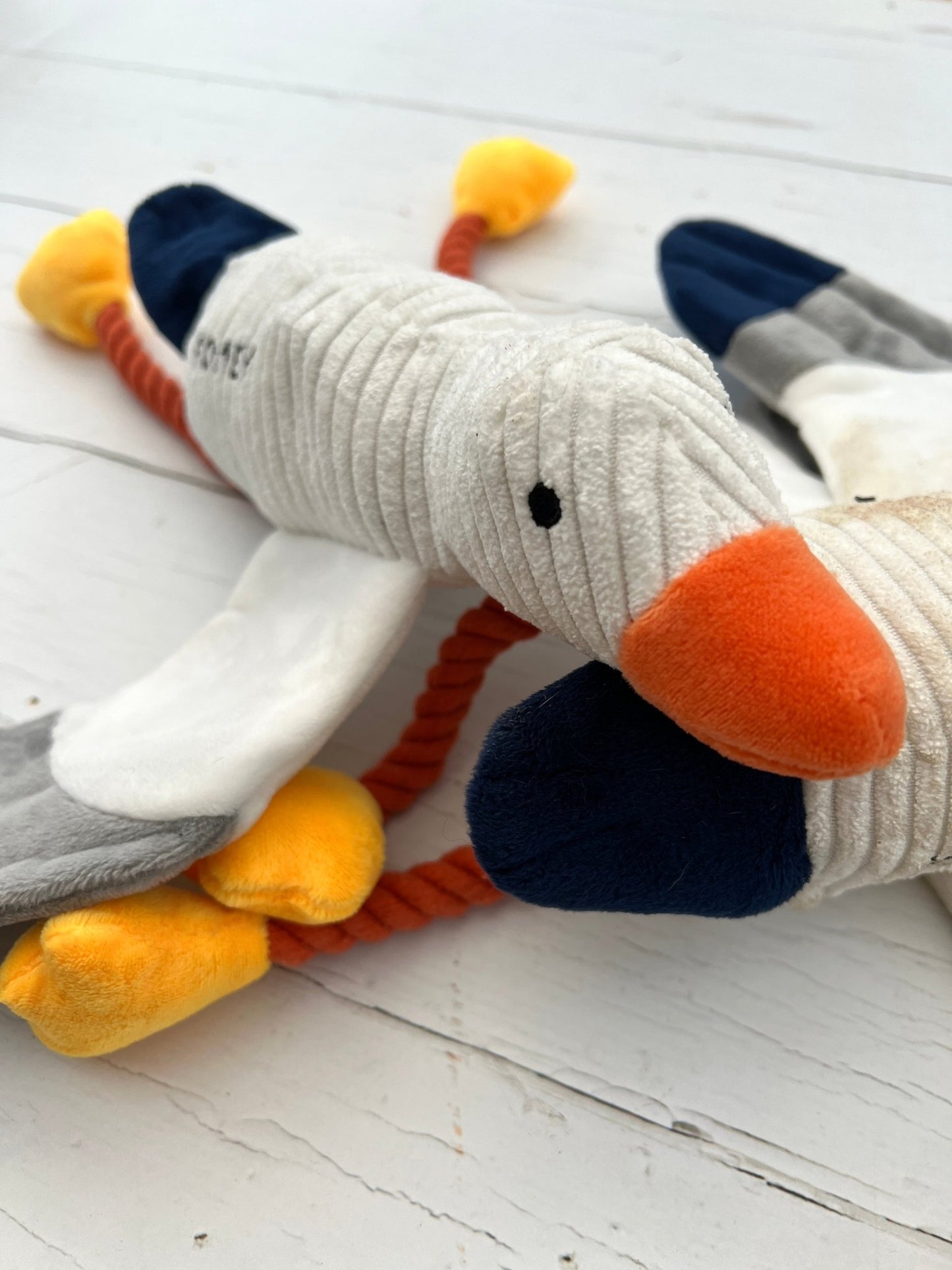 closeup shot of plush corduroy seagull dog toy detail showing the orange beak and FOWEY embroidery coastal pet accessory on wood