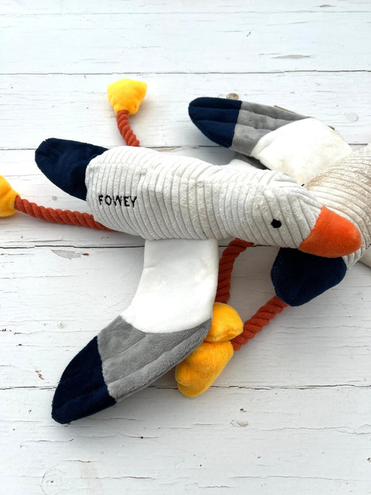 Fowey seagull dog toy plush seagull squeaky dog toy with "FOWEY" embroidery coastal pet toy, Cornwall souvenir, durable dog play