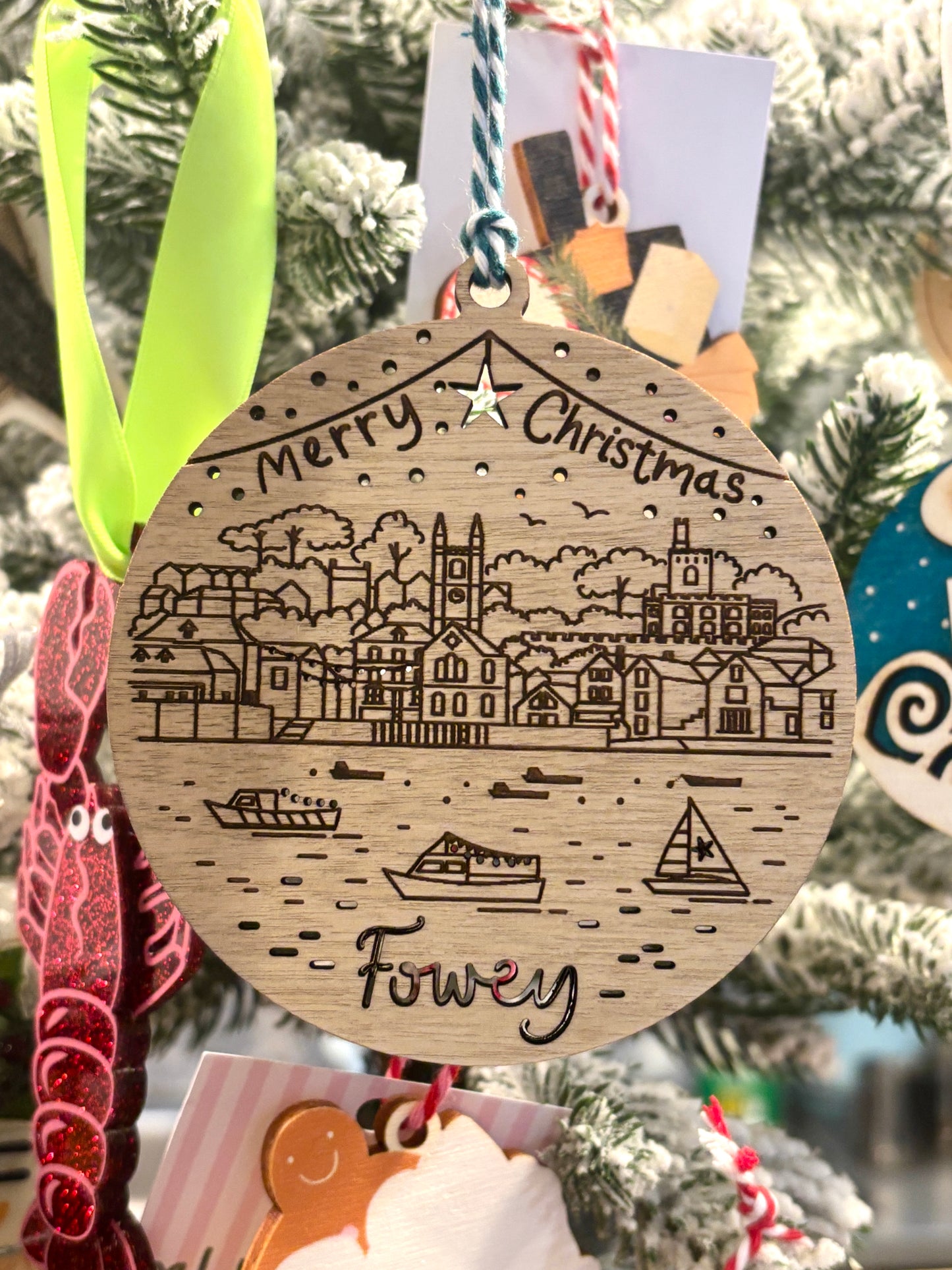 fowey skyline wooden Christmas ornament, Cornwall harbor Christmas decoration with sailboats and star detail