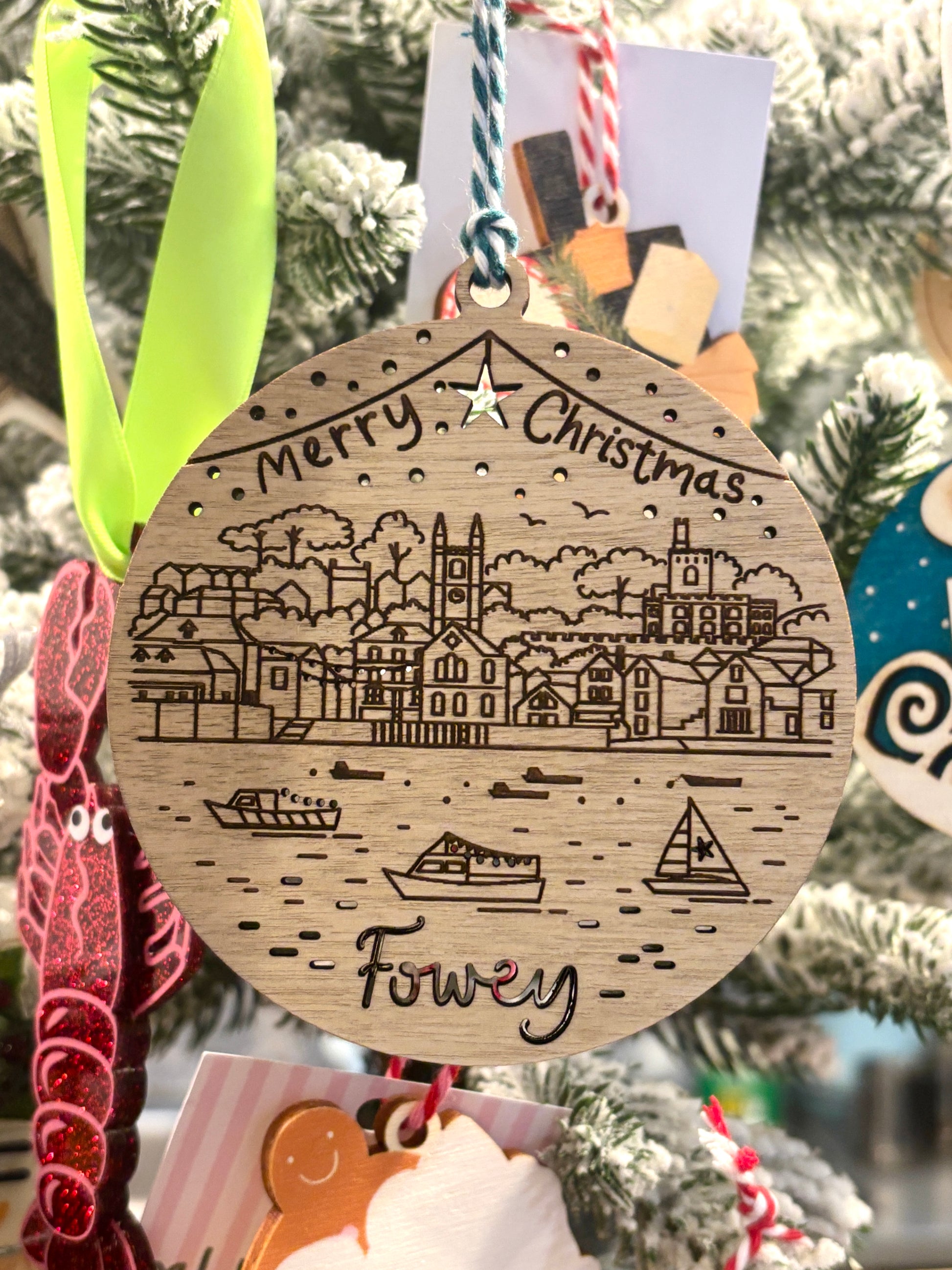 fowey skyline wooden Christmas ornament, Cornwall harbor Christmas decoration with sailboats and star detail