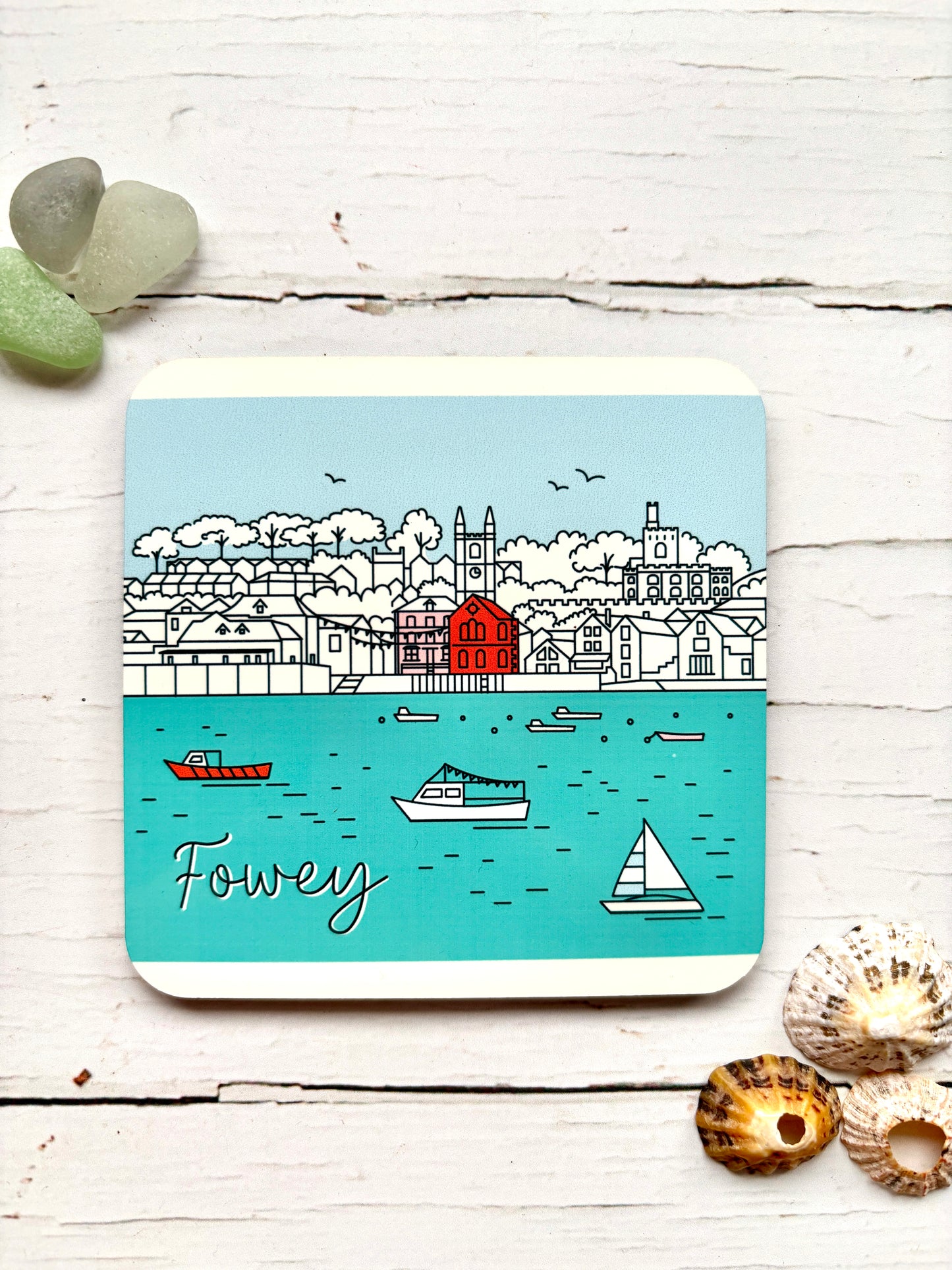 Fowey skyline coaster with boats, buildings, and sea view—artistic coastal decor, perfect UK souvenir or gift