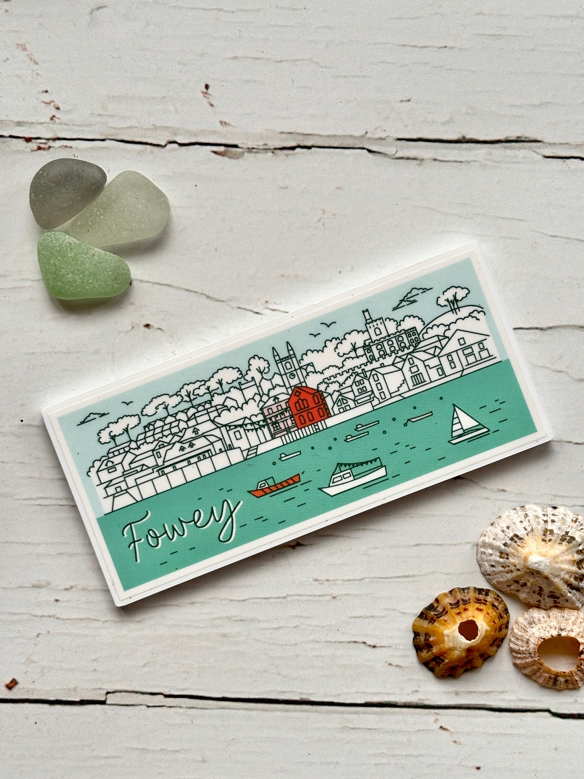 Fowey skyline magnet with boats, castle, and church—stylish coastal souvenir for nautical fridge or travel-themed decor