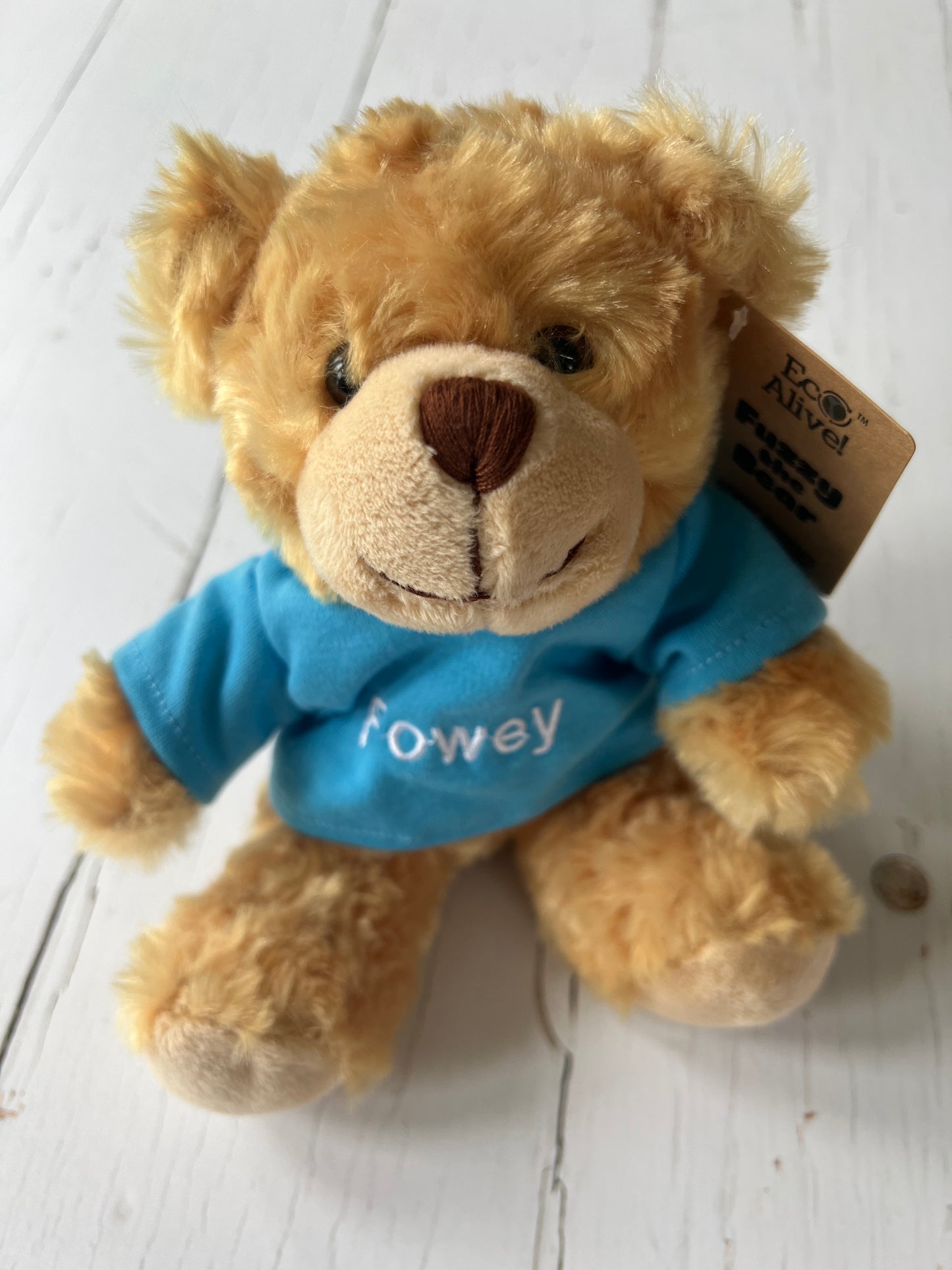 eco-friendly Fowey teddy bear with blue souvenir shirt, soft plush fur, sustainable UK travel gift
