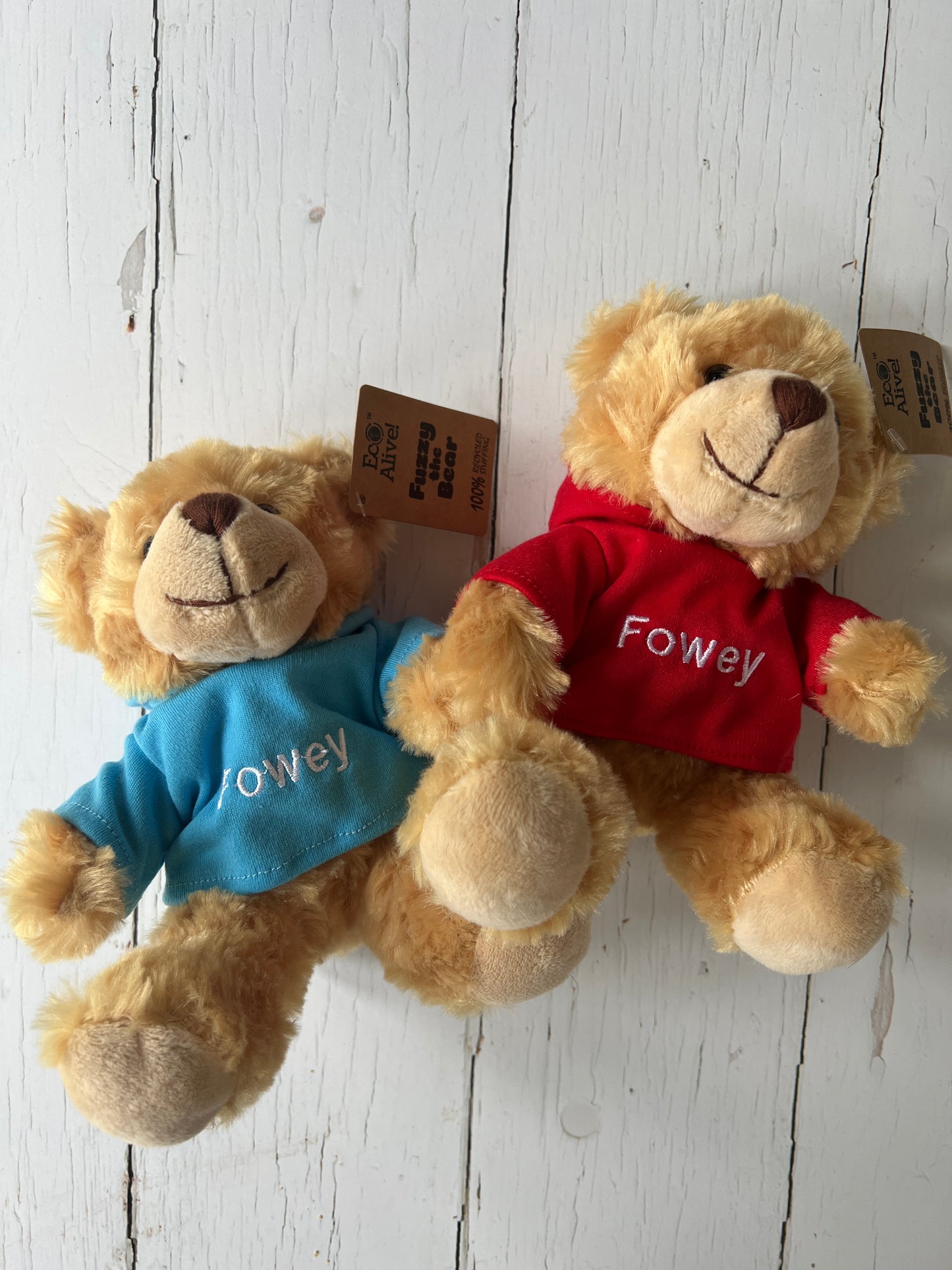 soft Fowey teddy bear in blue and red tee, plush UK souvenir with embroidered detail, ideal eco-conscious travel gift