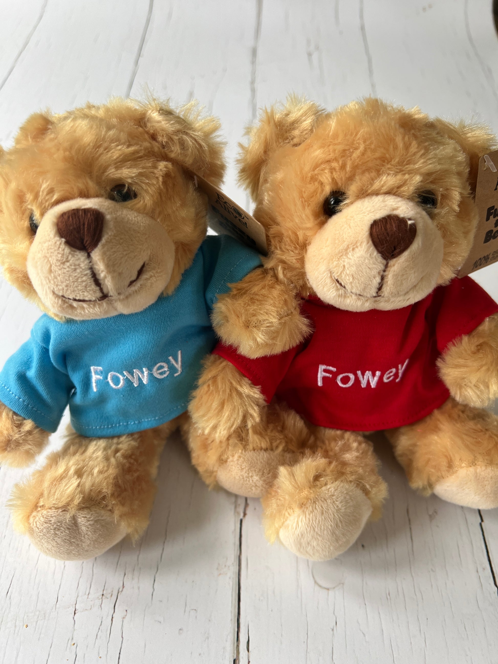 cute Fowey teddy bears in blue and red shirts, embroidered text, plush toy gift, coastal souvenir, child-friendly soft bear