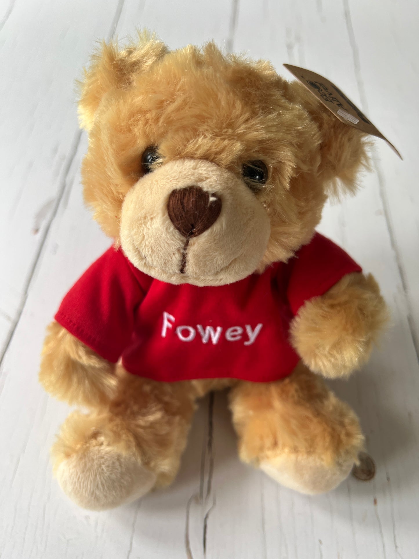 cuddly Fowey teddy bear with red UK souvenir tee, soft plush fur, perfect gift or travel keepsake