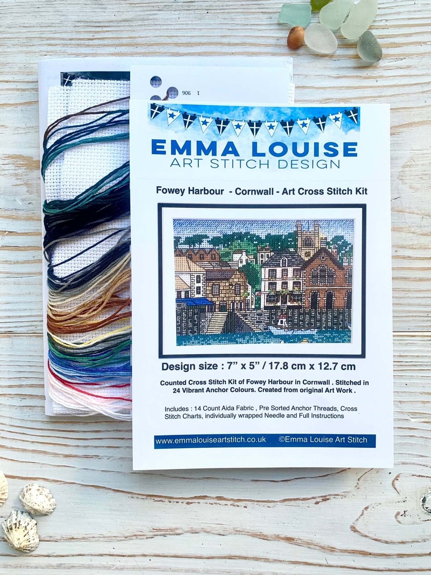 Fowey Harbour cross stitch kit package, Emma Louise design with threads, coastal Cornwall embroidery craft supplies