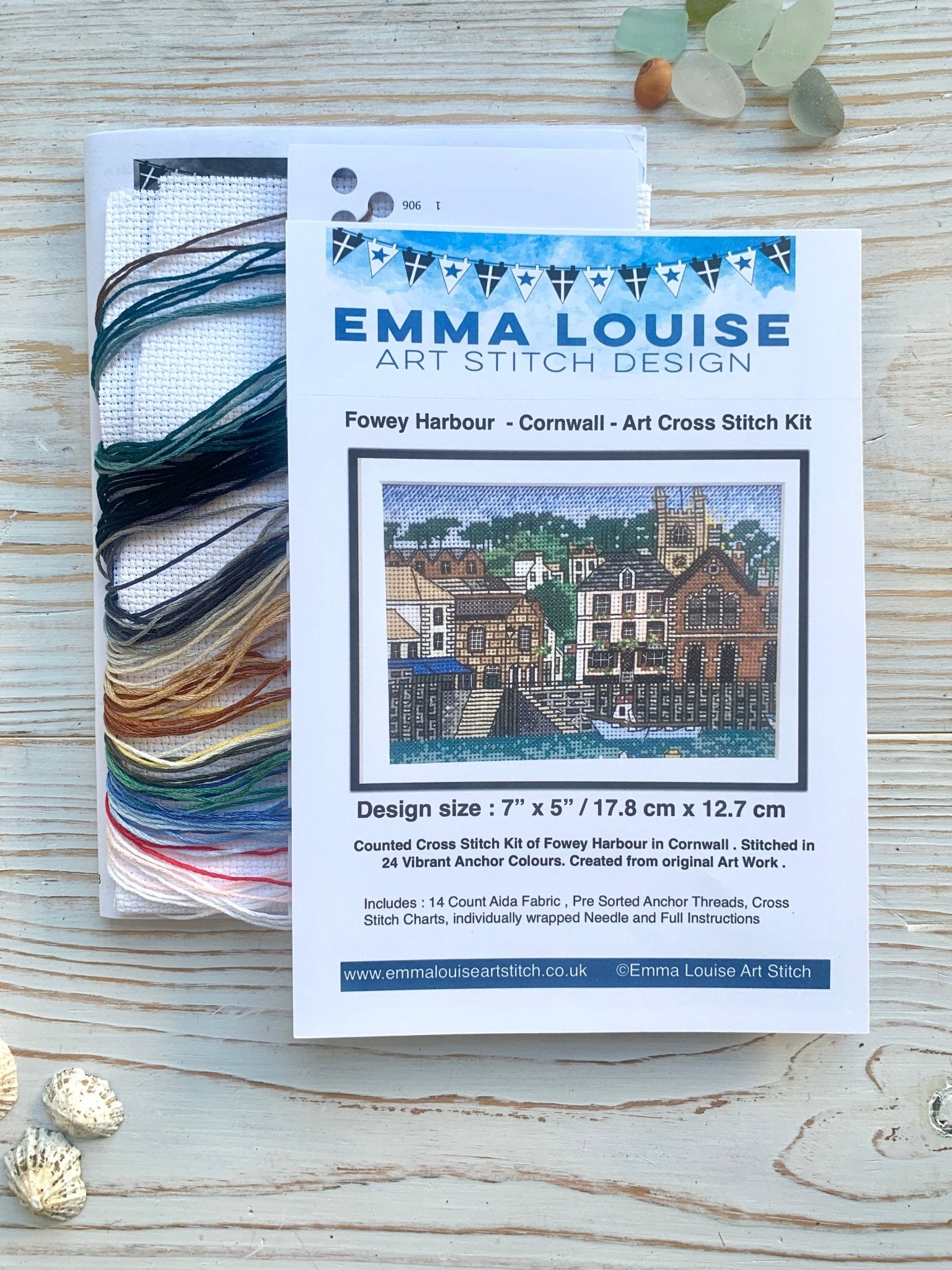 Fowey harbour cross stitch kit, Cornwall coastal town embroidery pattern, Emma Louise art design, complete craft set