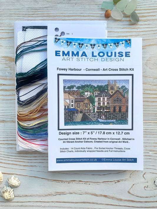 Fowey harbour cross stitch kit, Cornwall coastal town embroidery pattern, Emma Louise art design, complete craft set