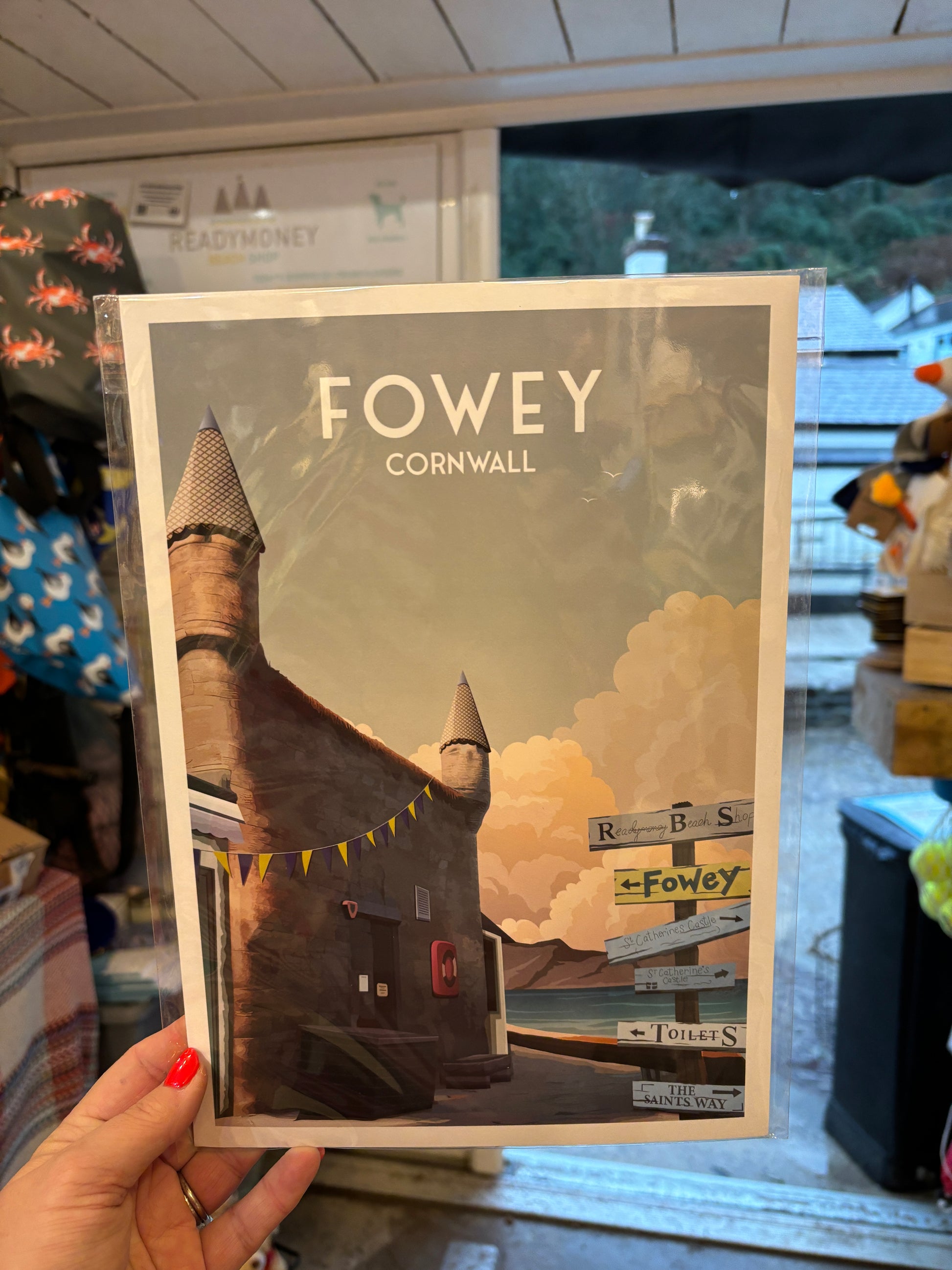 Fowey Cornwall vintage travel poster, coastal town signpost illustration, retro beach tourism art print, wall decor