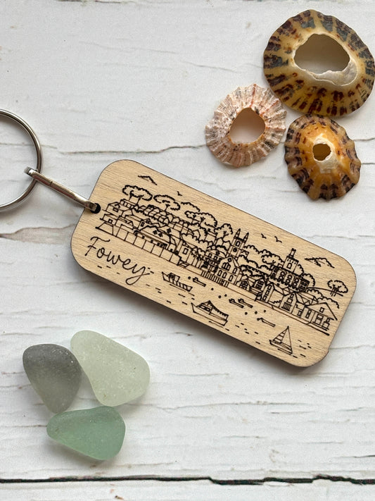 Fowey wooden engraved keyring, Cornwall harbour skyline illustration, laser cut coastal town souvenir, wooden keychain