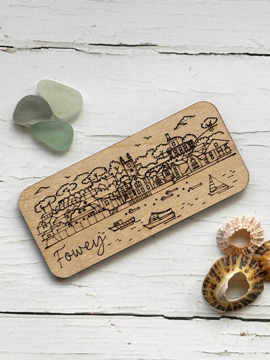 Fowey wooden engraved magnet, Cornwall harbor skyline refrigerator magnet, laser cut coastal town souvenir, wood decor