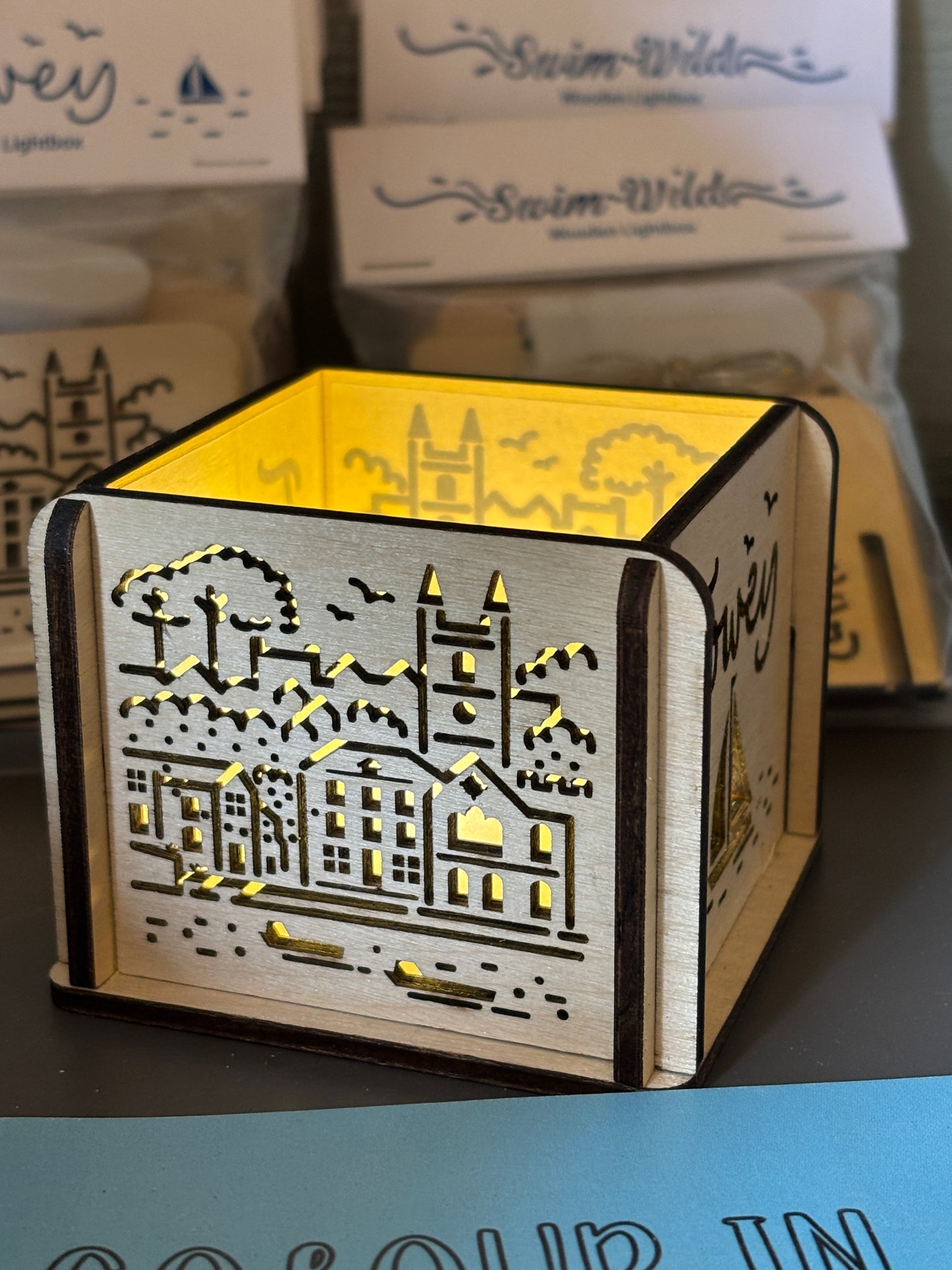 Fowey wooden lightbox, laser cut Cornwall town illuminated decoration, glowing harbor scene lamp, coastal night light
